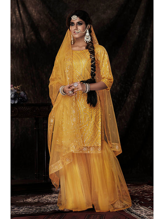 Myra Mustard Net Embroidered Sharara Suit | Swadesiicart