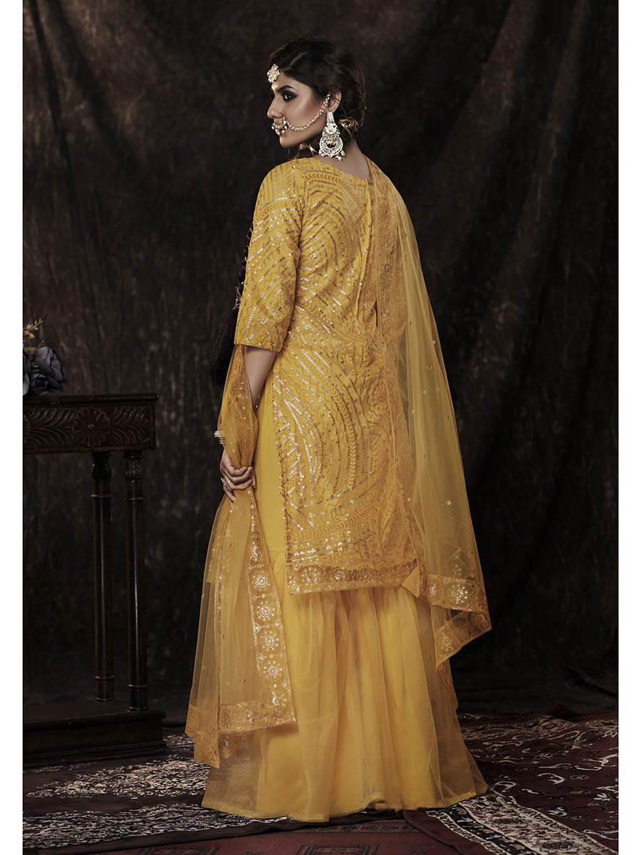 Myra Mustard Net Embroidered Sharara Suit | Swadesiicart