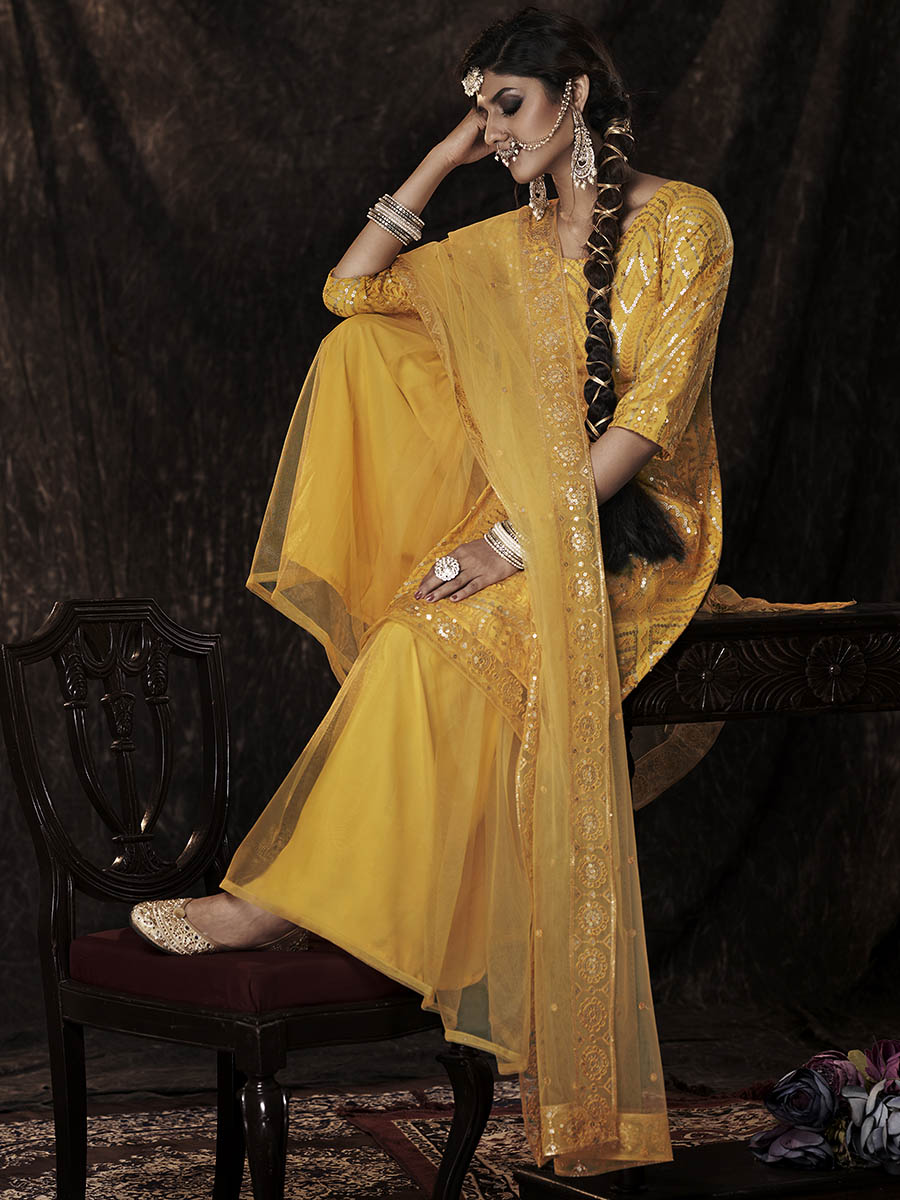 Myra Mustard Net Embroidered Sharara Suit | Swadesiicart