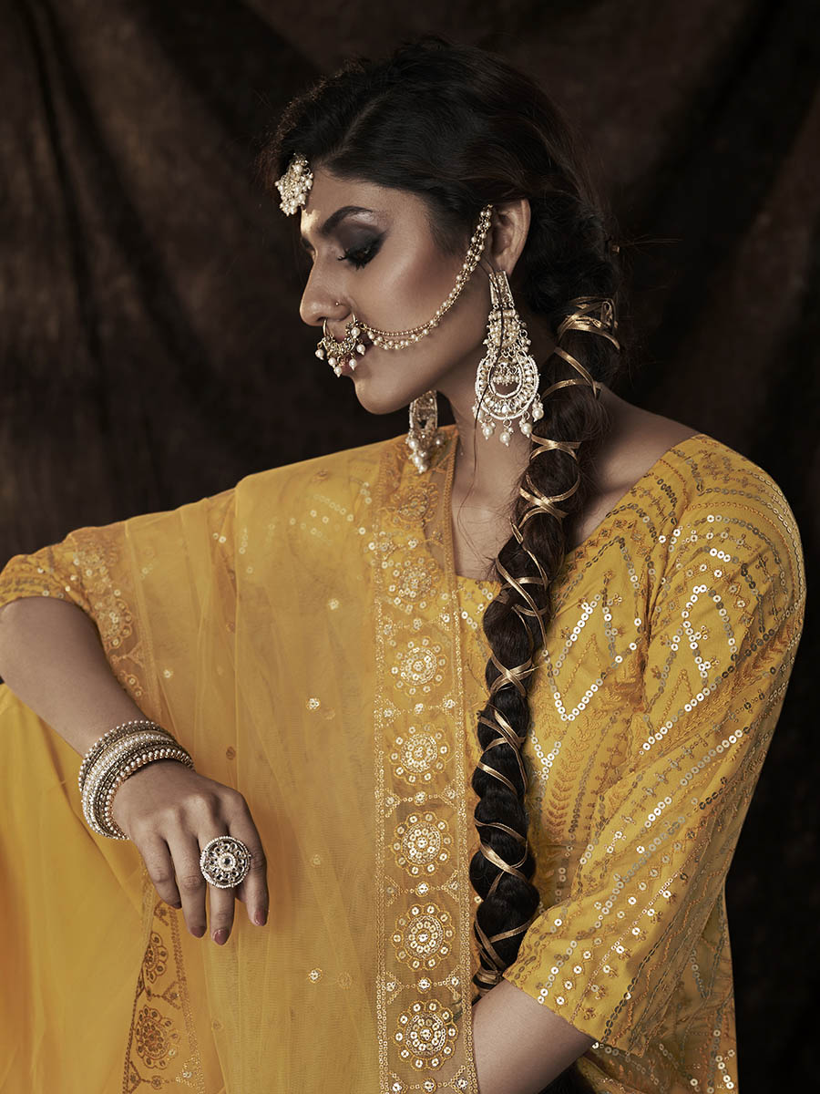 Myra Mustard Net Embroidered Sharara Suit | Swadesiicart
