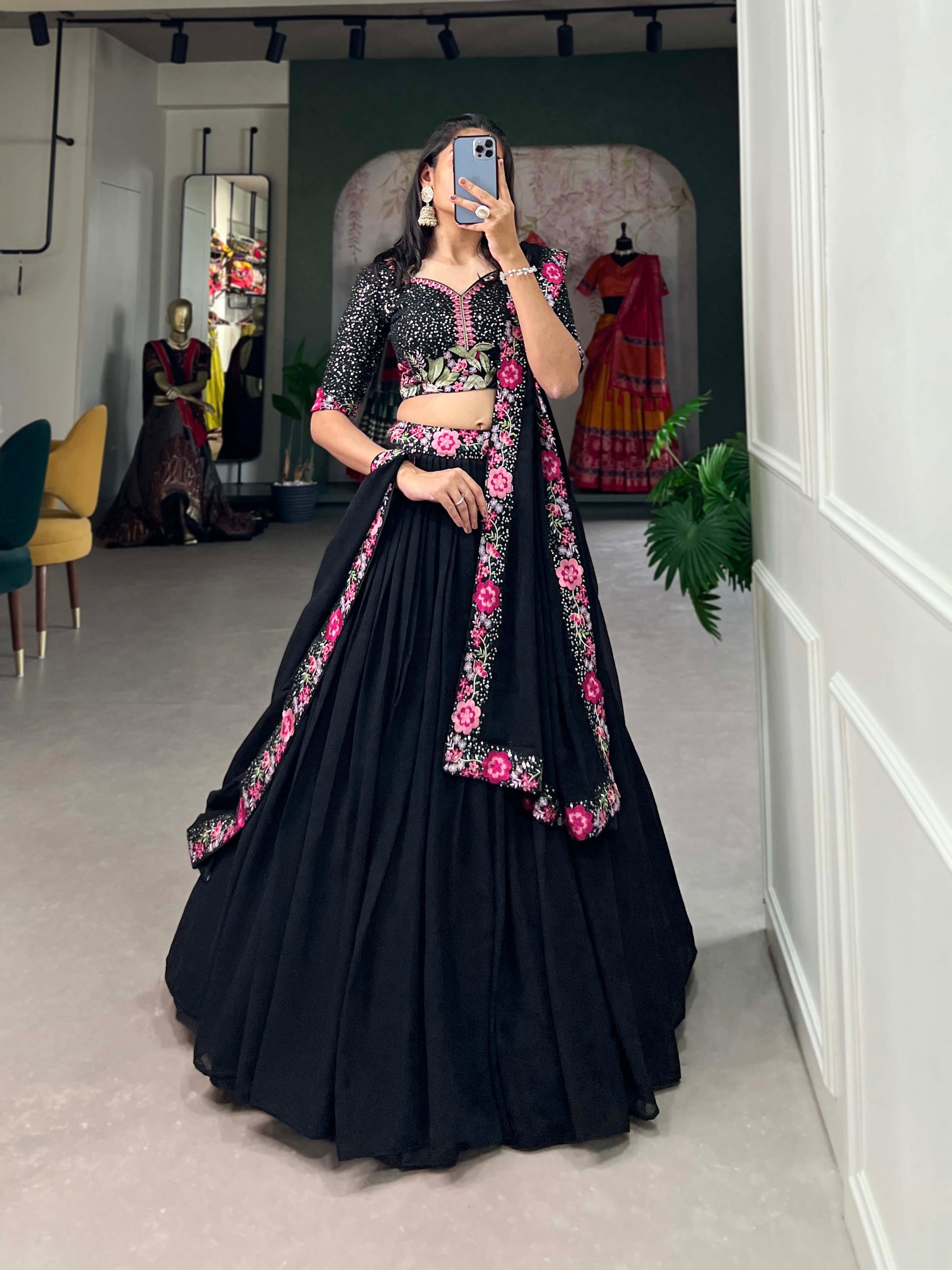 Lorenvalley Black Georgette Plain with Sequins and Thread Embroidery Work Belt Lehenga Choli with Dupatta | Swadesiicart