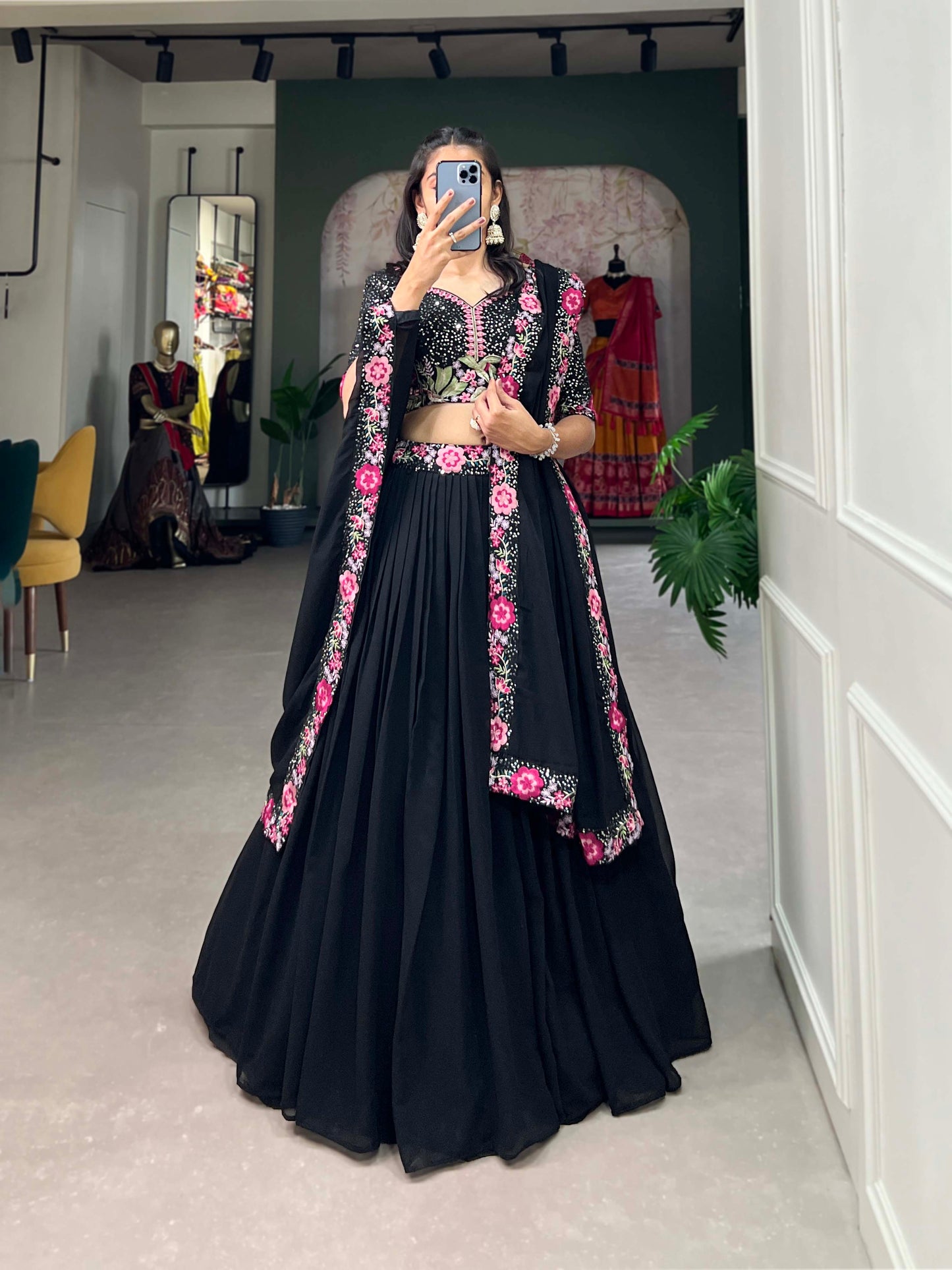 Lorenvalley Black Georgette Plain with Sequins and Thread Embroidery Work Belt Lehenga Choli with Dupatta | Swadesiicart