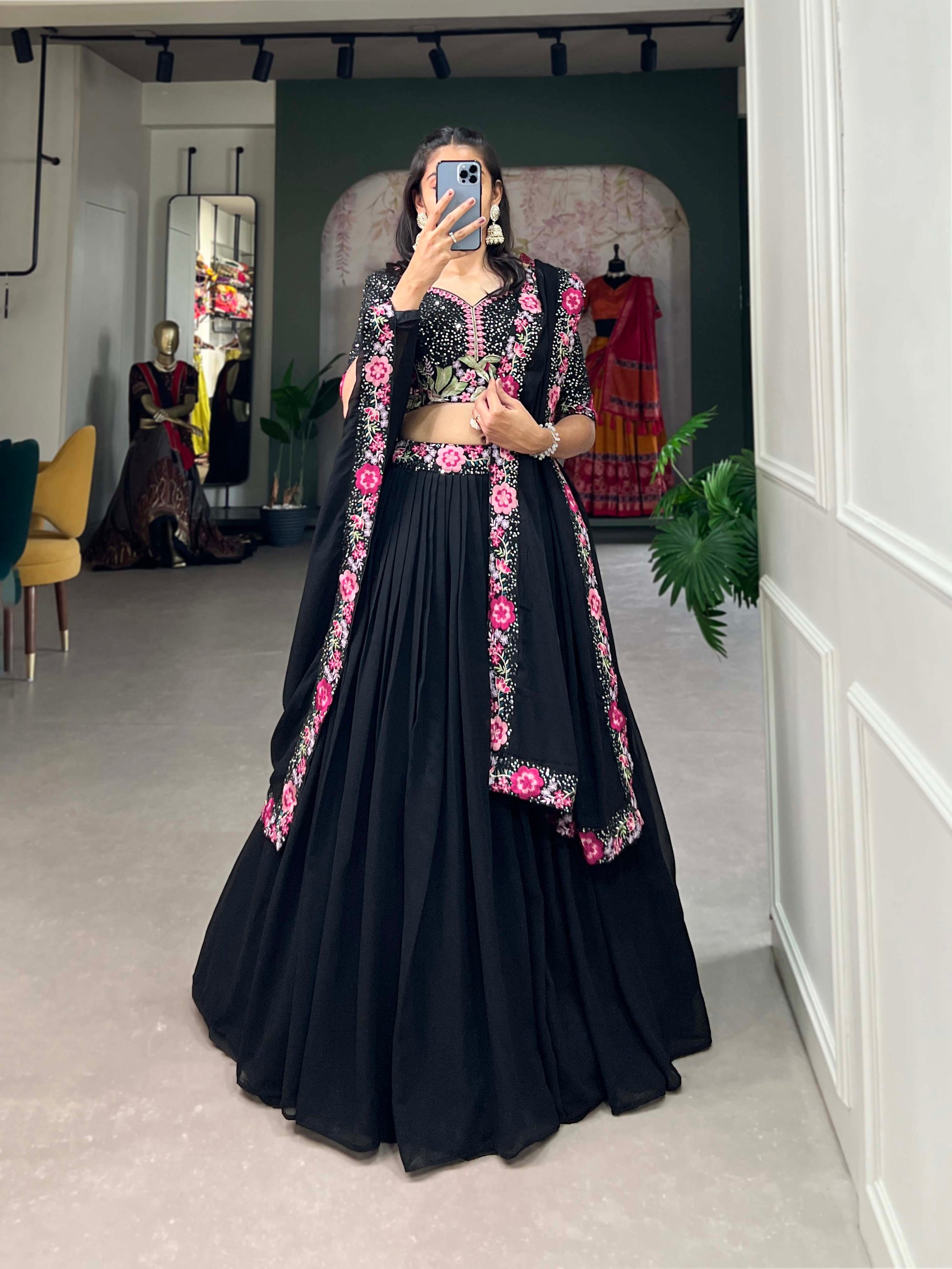 Lorenvalley Black Georgette Plain with Sequins and Thread Embroidery Work Belt Lehenga Choli with Dupatta | Swadesiicart