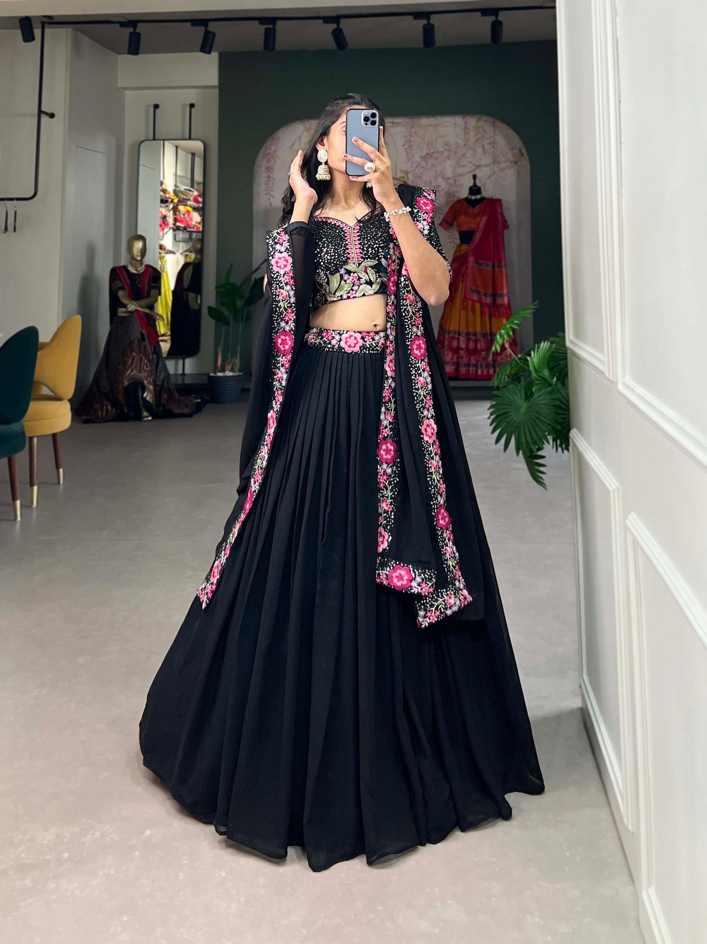 Lorenvalley Black Georgette Plain with Sequins and Thread Embroidery Work Belt Lehenga Choli with Dupatta | Swadesiicart