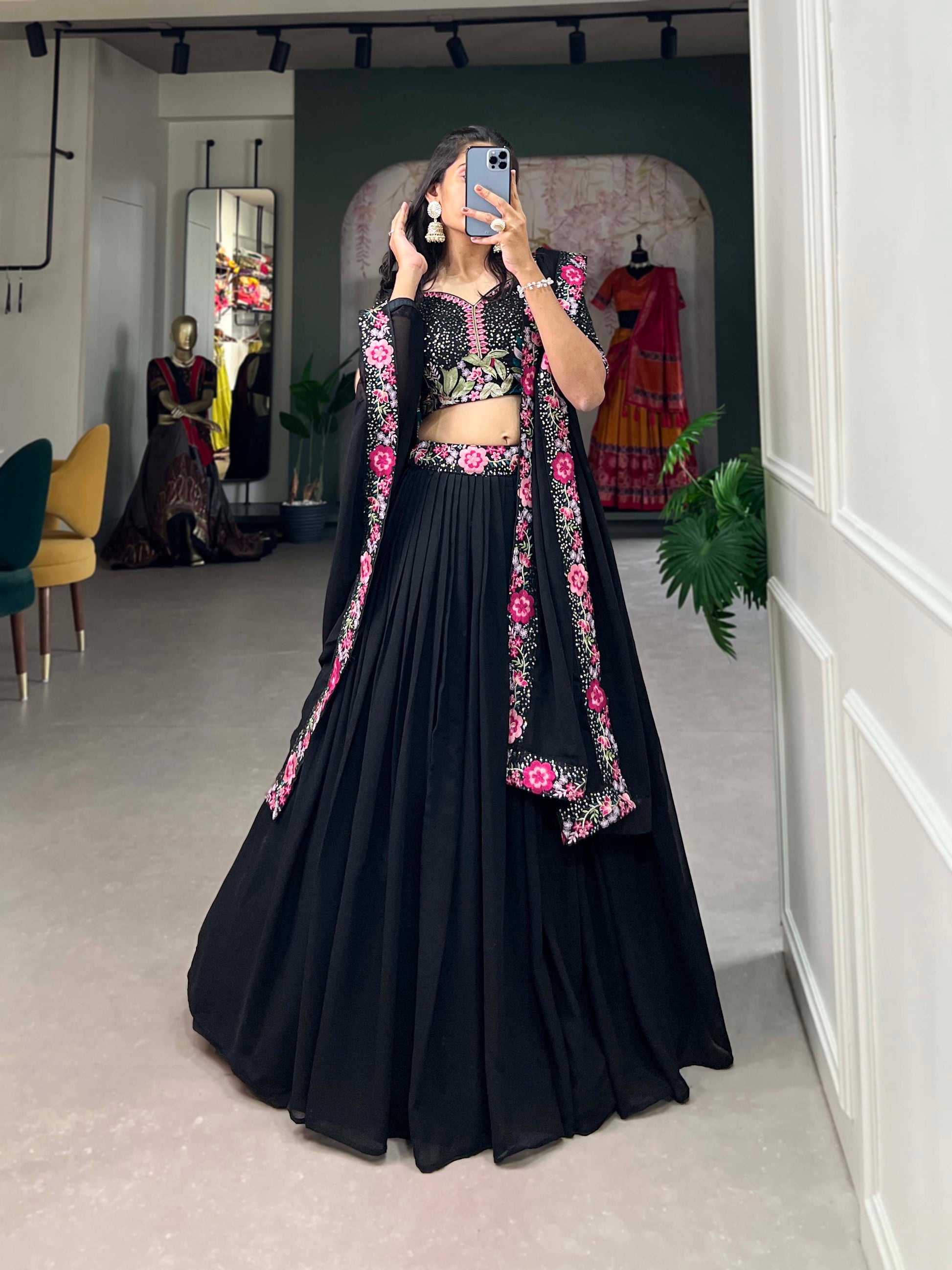 Lorenvalley Black Georgette Plain with Sequins and Thread Embroidery Work Belt Lehenga Choli with Dupatta | Swadesiicart