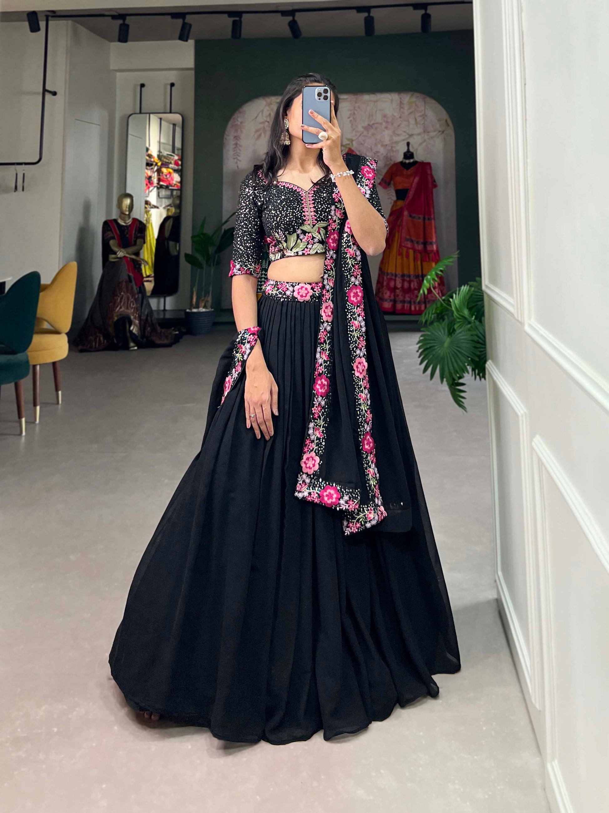 Lorenvalley Black Georgette Plain with Sequins and Thread Embroidery Work Belt Lehenga Choli with Dupatta | Swadesiicart
