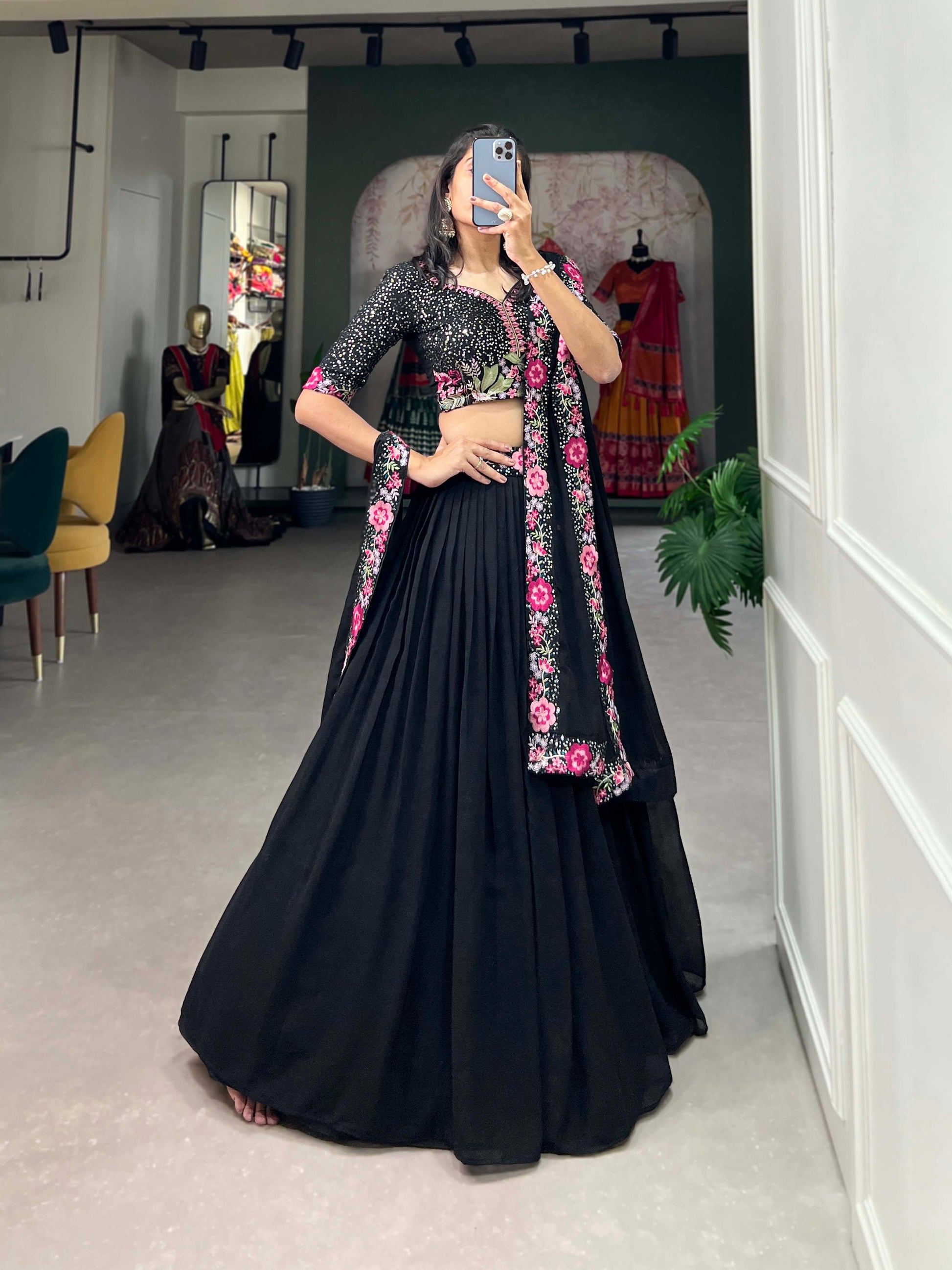 Lorenvalley Black Georgette Plain with Sequins and Thread Embroidery Work Belt Lehenga Choli with Dupatta | Swadesiicart