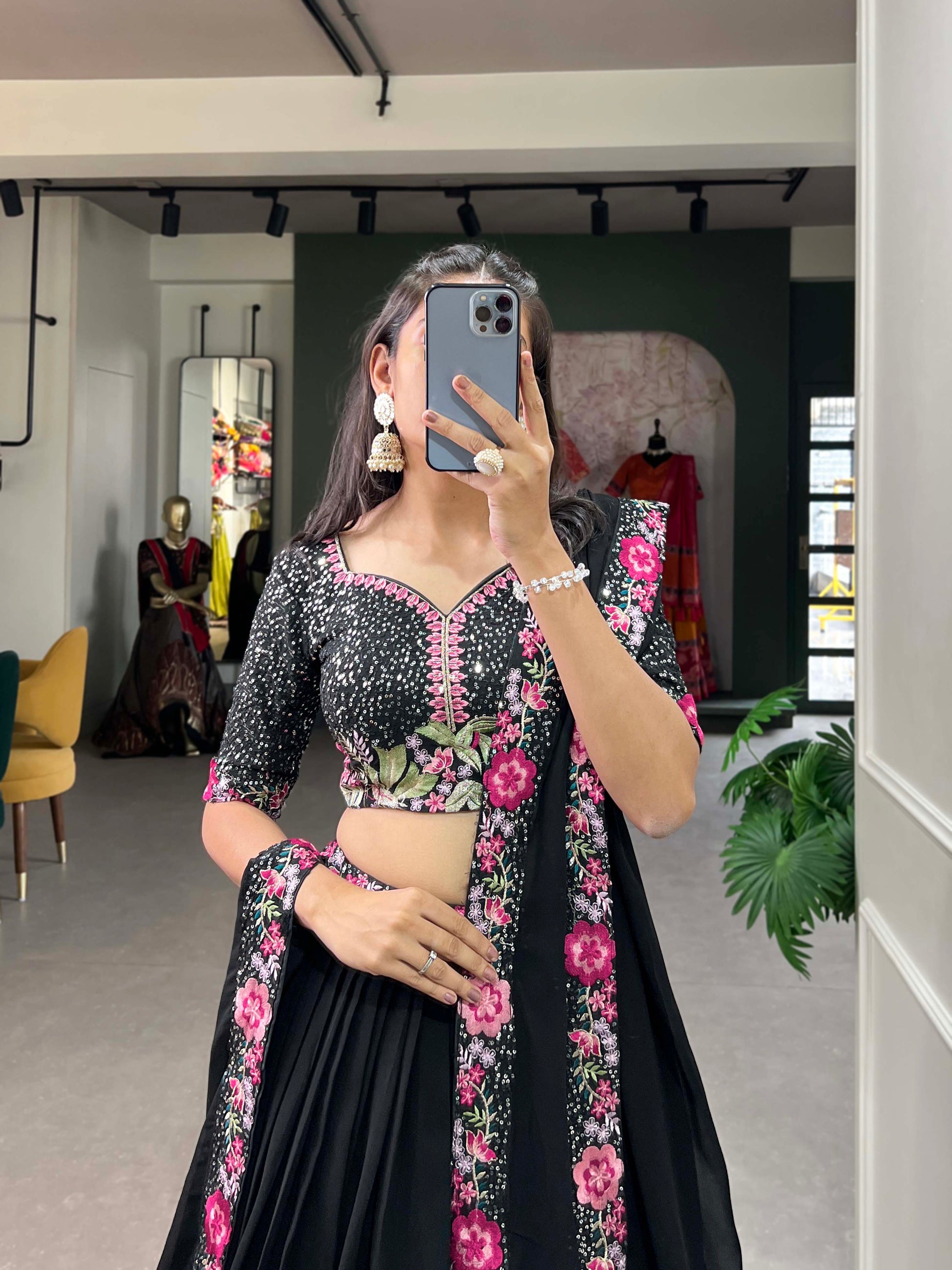 Lorenvalley Black Georgette Plain with Sequins and Thread Embroidery Work Belt Lehenga Choli with Dupatta | Swadesiicart