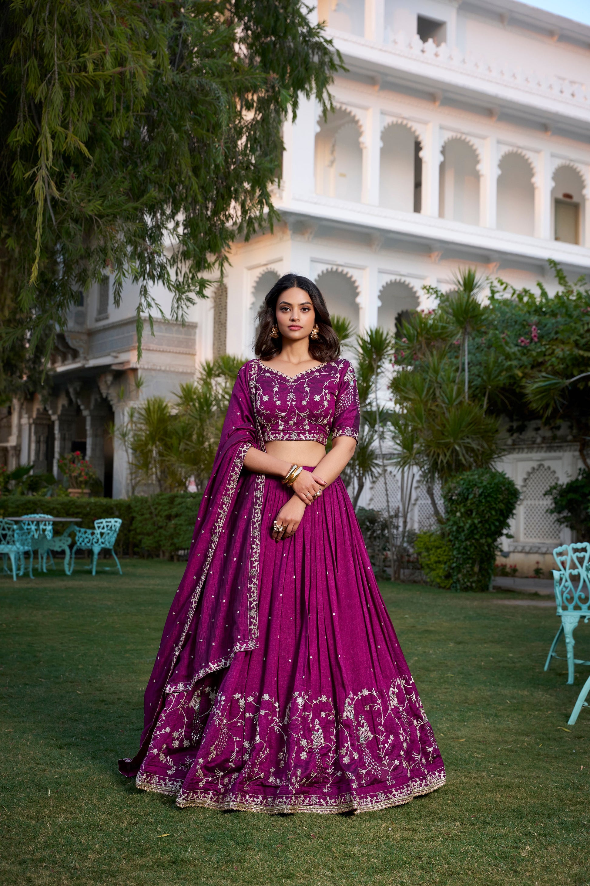 Lorenvalley Purple Vichitra Silk Sequins and Thread Embroidery Work With Lace Border Lehenga Choli | Swadesiicart