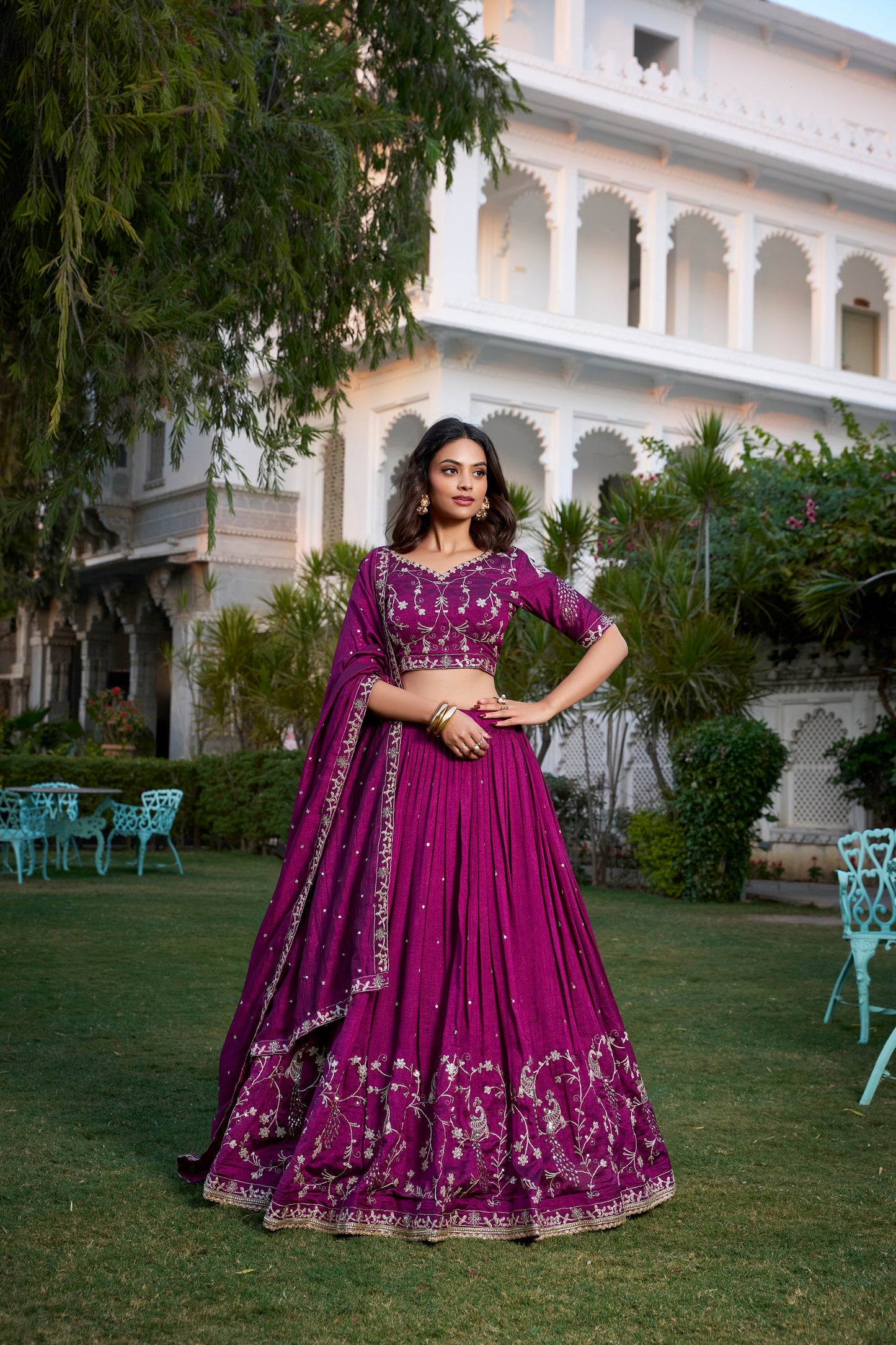 Lorenvalley Purple Vichitra Silk Sequins and Thread Embroidery Work With Lace Border Lehenga Choli | Swadesiicart