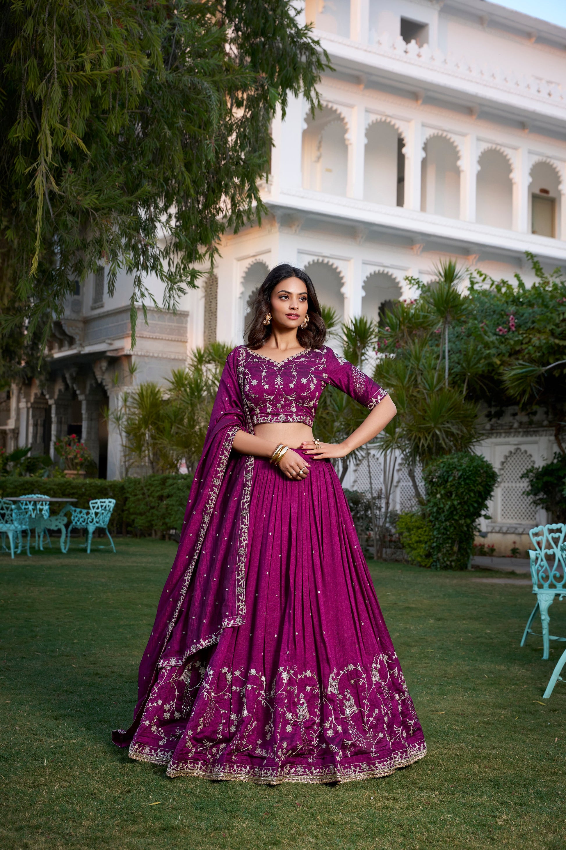 Lorenvalley Purple Vichitra Silk Sequins and Thread Embroidery Work With Lace Border Lehenga Choli | Swadesiicart