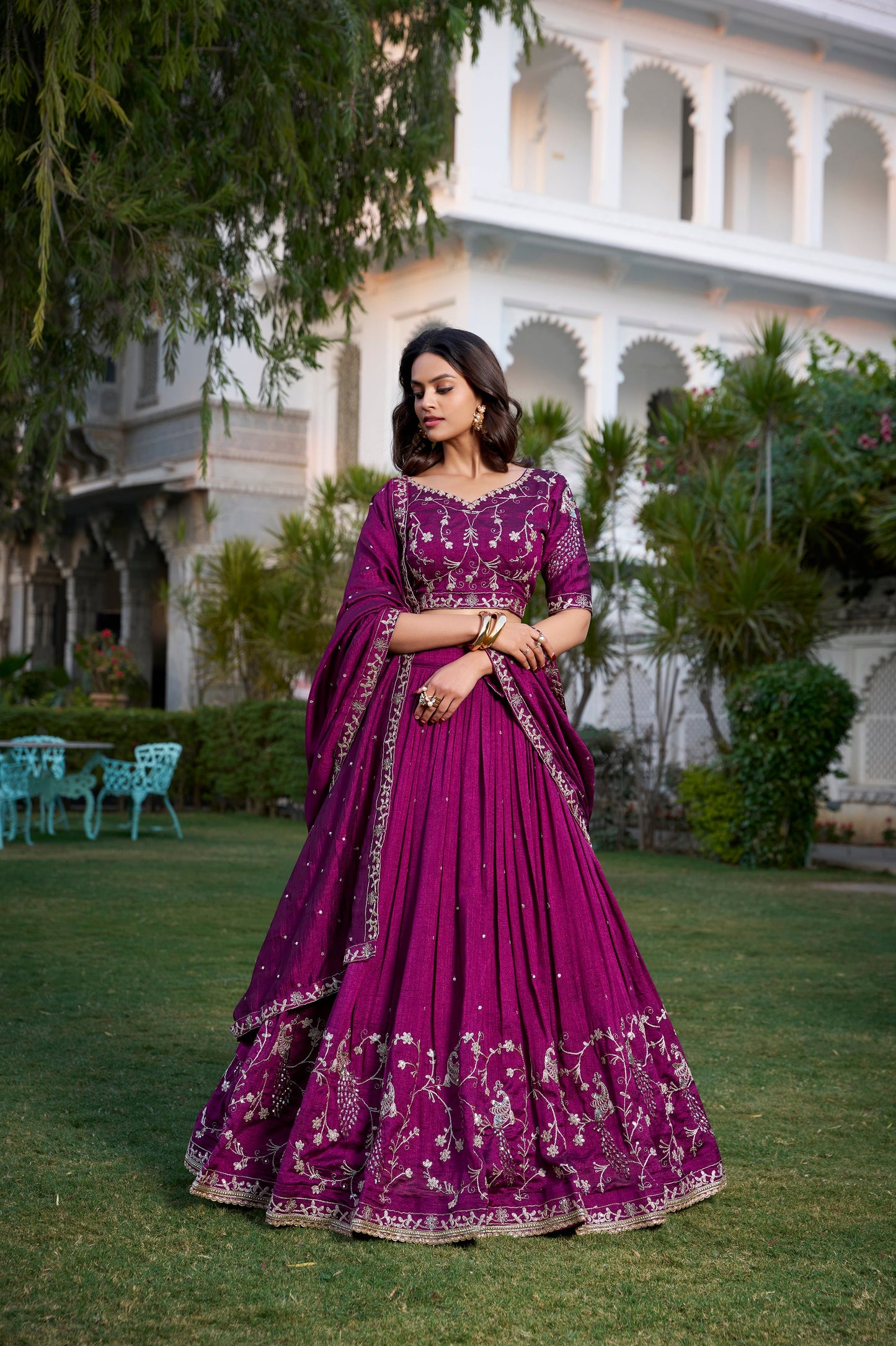 Lorenvalley Purple Vichitra Silk Sequins and Thread Embroidery Work With Lace Border Lehenga Choli | Swadesiicart
