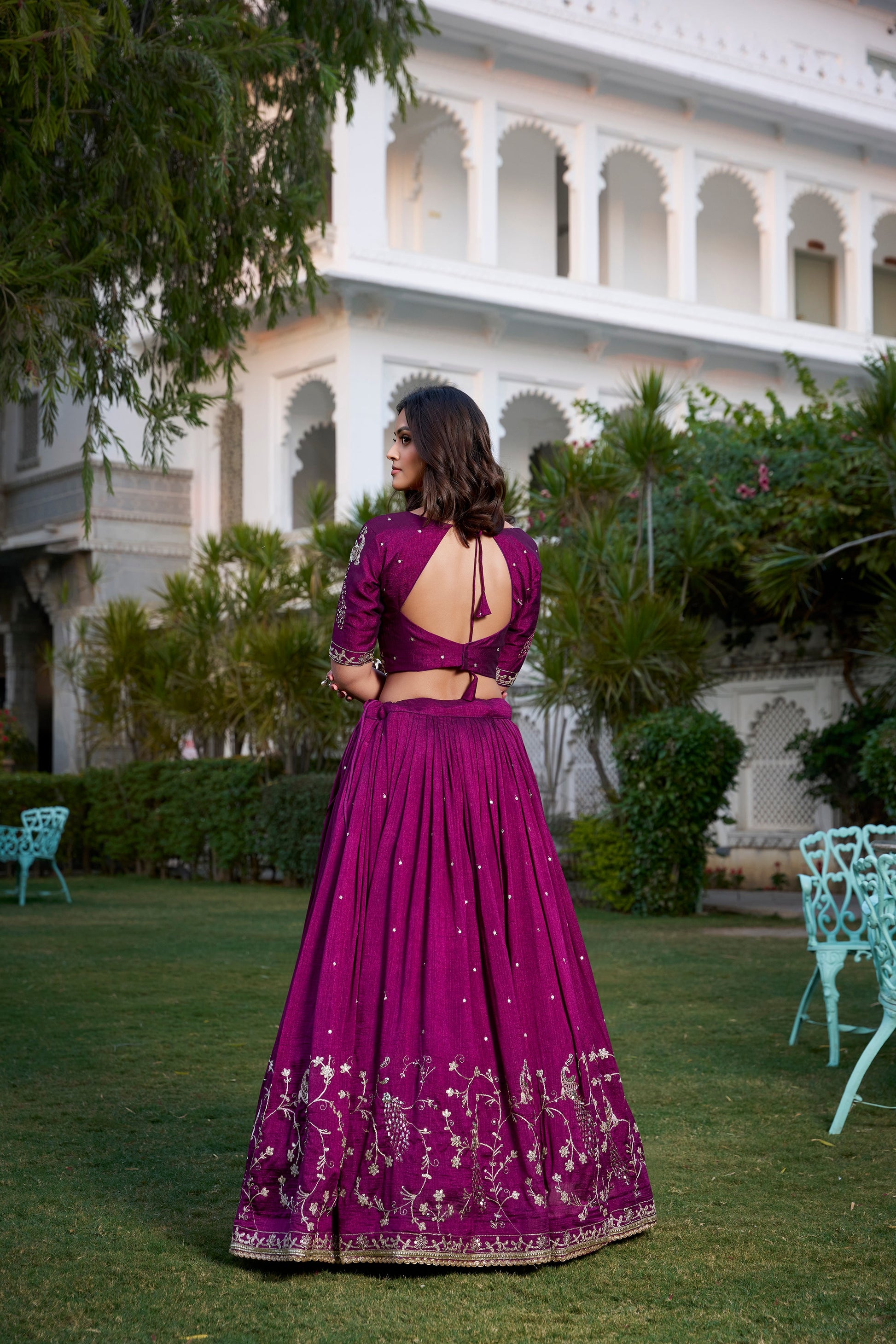 Lorenvalley Purple Vichitra Silk Sequins and Thread Embroidery Work With Lace Border Lehenga Choli | Swadesiicart
