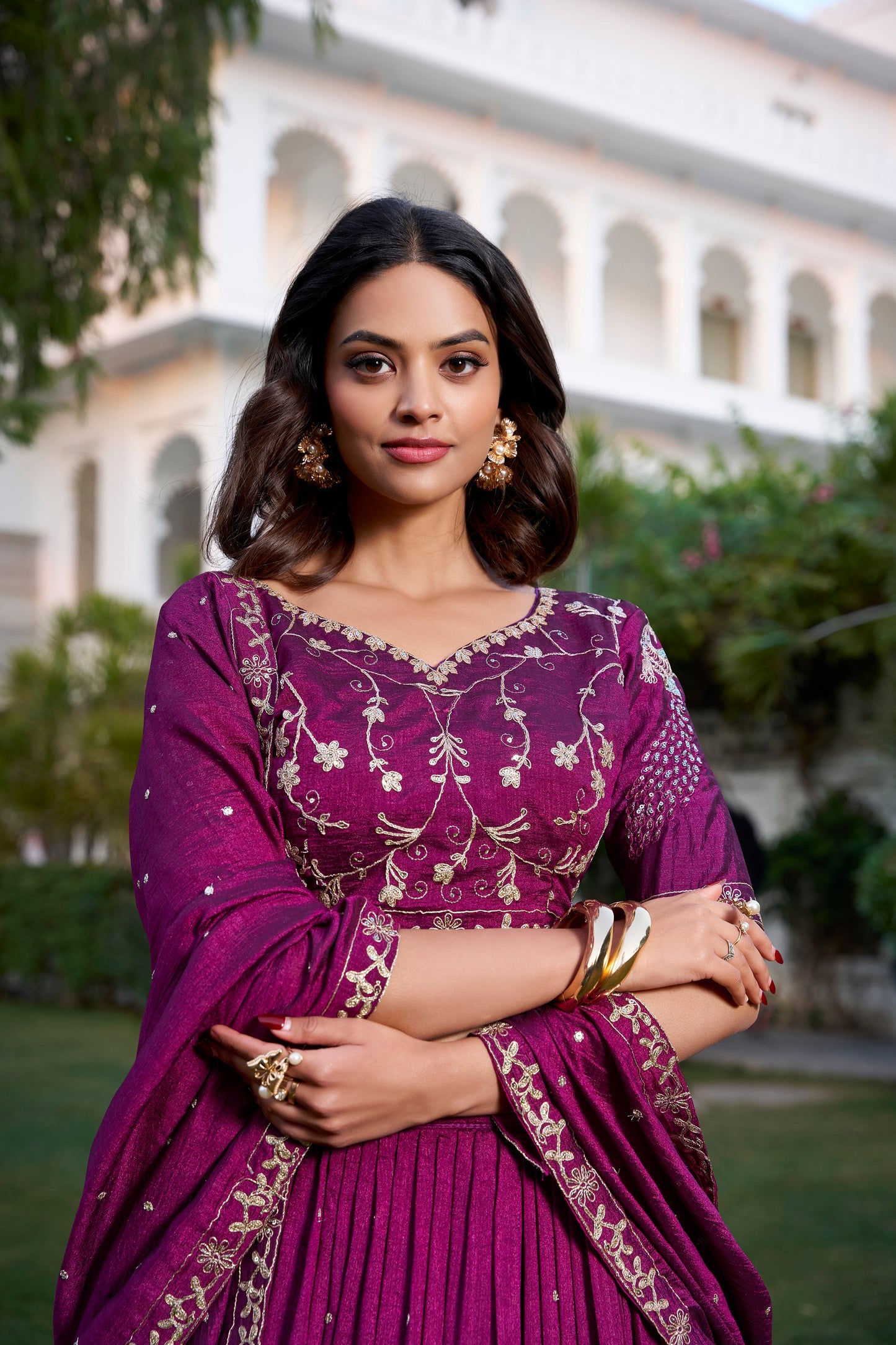 Lorenvalley Purple Vichitra Silk Sequins and Thread Embroidery Work With Lace Border Lehenga Choli | Swadesiicart