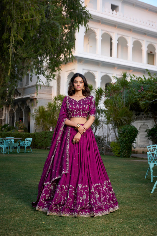 Lorenvalley Purple Vichitra Silk Sequins and Thread Embroidery Work With Lace Border Lehenga Choli | Swadesiicart