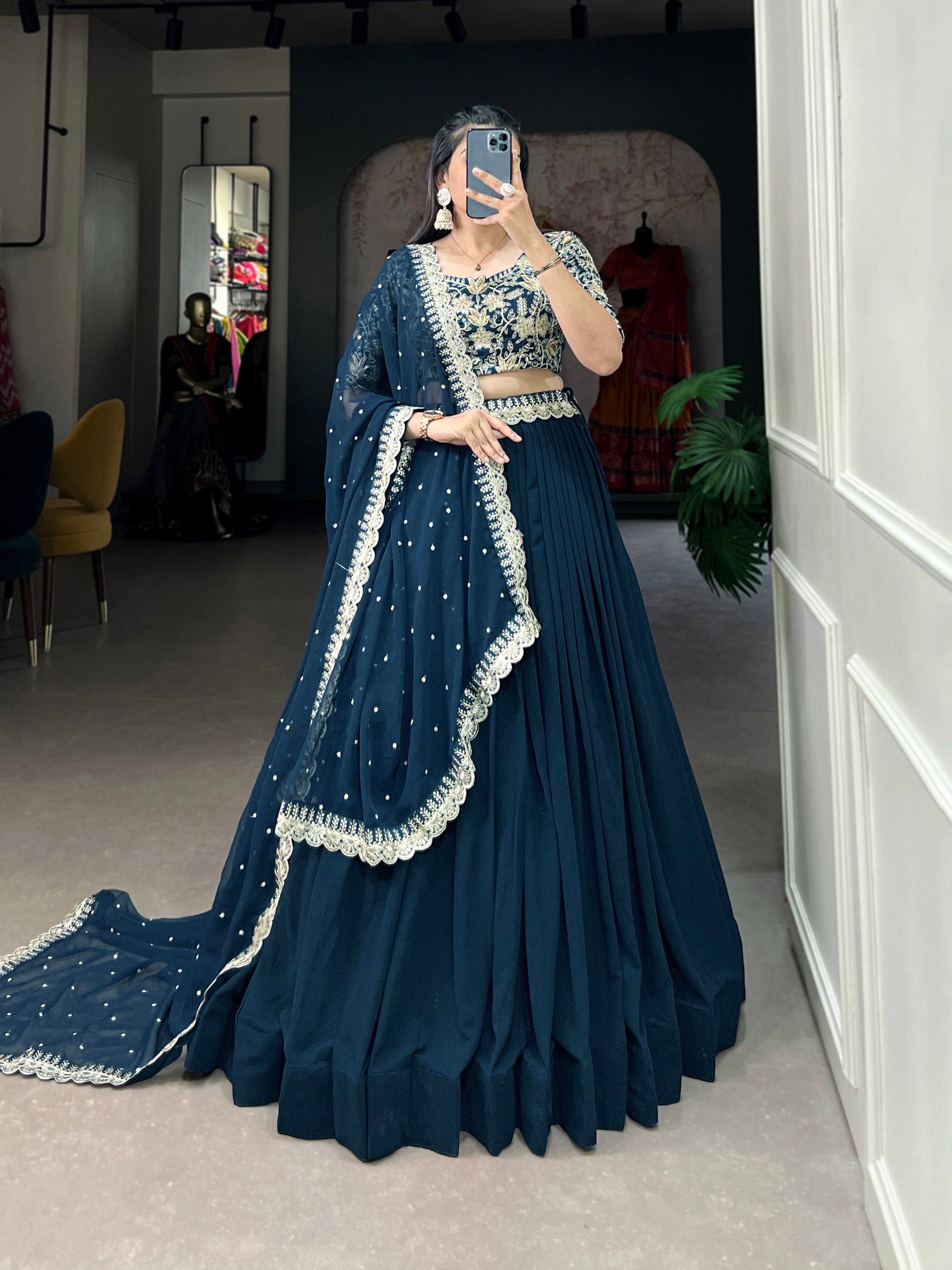 Lorenvalley Teal Georgette Plain with Sequins and Thread Embroidery Work Belt Lehenga Choli | Swadesiicart