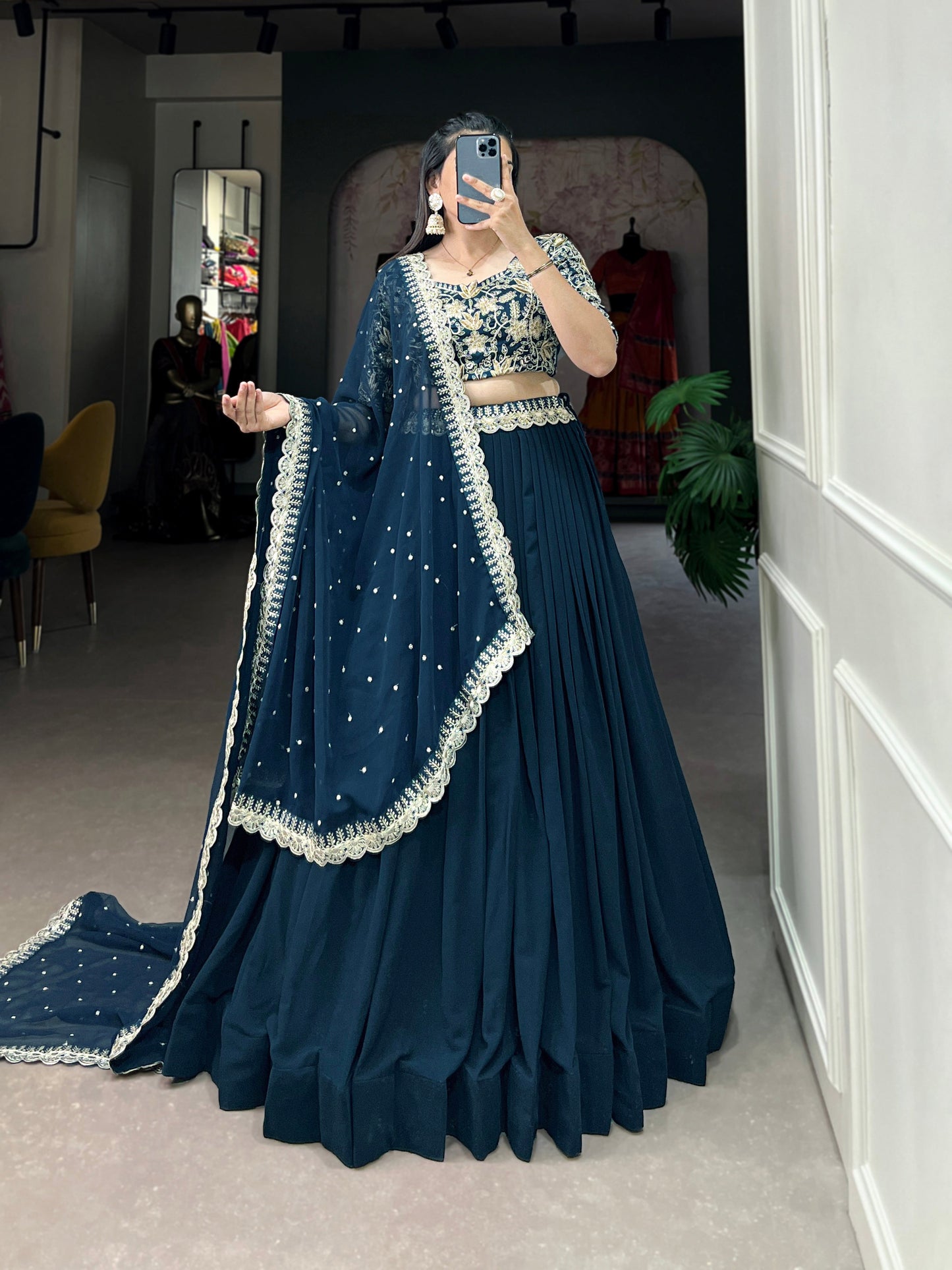 Lorenvalley Teal Georgette Plain with Sequins and Thread Embroidery Work Belt Lehenga Choli | Swadesiicart