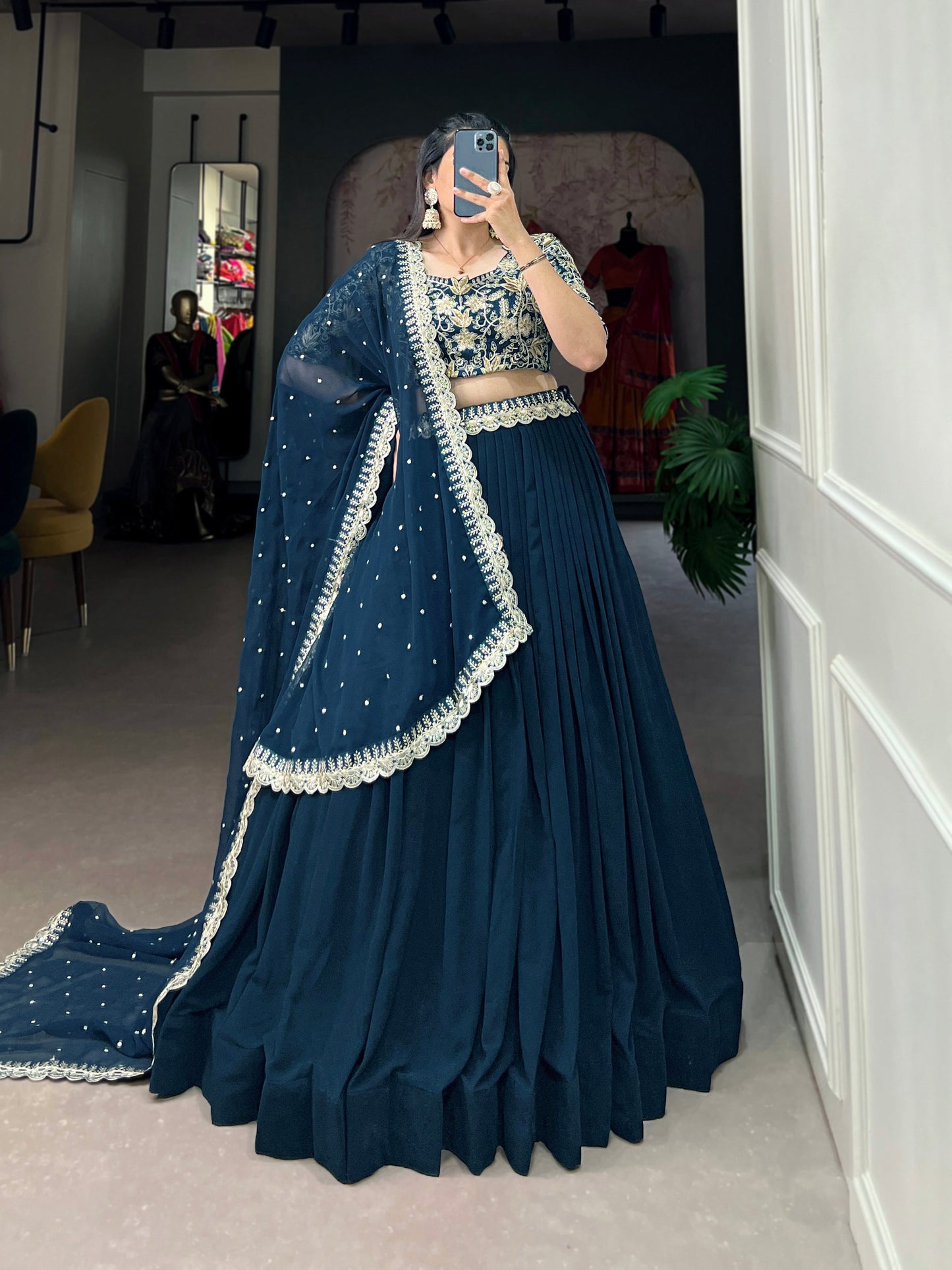 Lorenvalley Teal Georgette Plain with Sequins and Thread Embroidery Work Belt Lehenga Choli | Swadesiicart