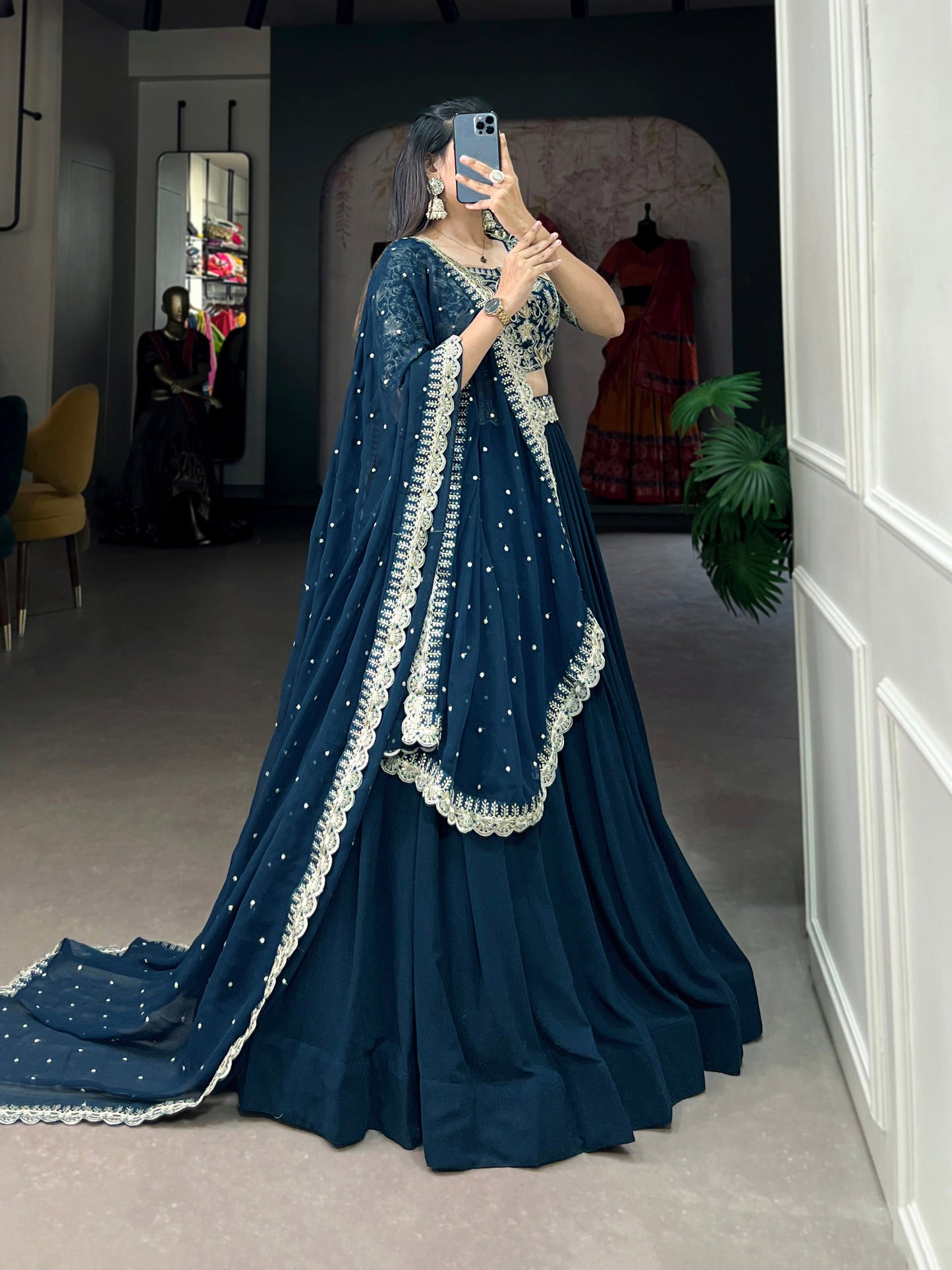 Lorenvalley Teal Georgette Plain with Sequins and Thread Embroidery Work Belt Lehenga Choli | Swadesiicart