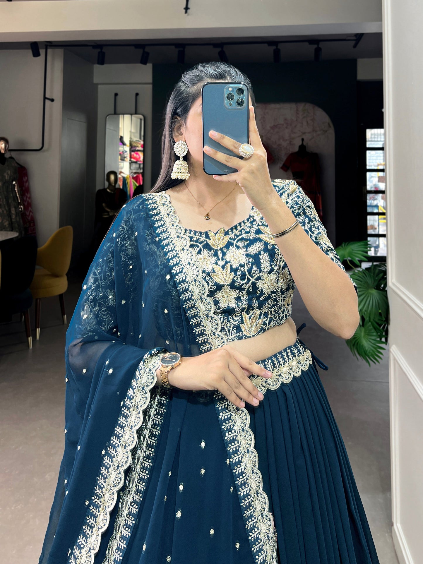 Lorenvalley Teal Georgette Plain with Sequins and Thread Embroidery Work Belt Lehenga Choli | Swadesiicart