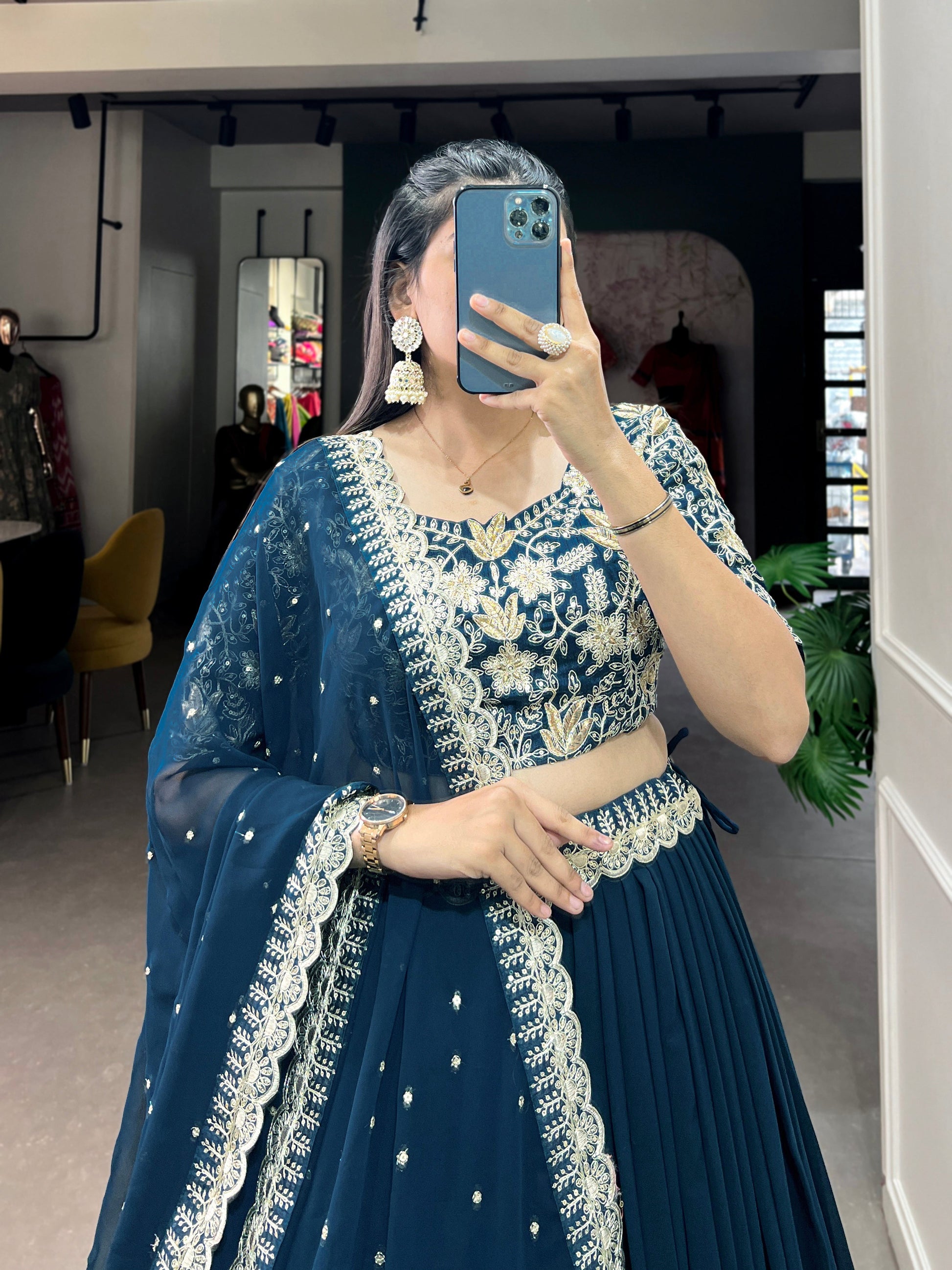 Lorenvalley Teal Georgette Plain with Sequins and Thread Embroidery Work Belt Lehenga Choli | Swadesiicart