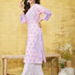 ADA Women Pink & Blue Chikankari Hand Embroidered Semi-Sheer Straight Sustainable Handloom Kurta | Swadesiicart