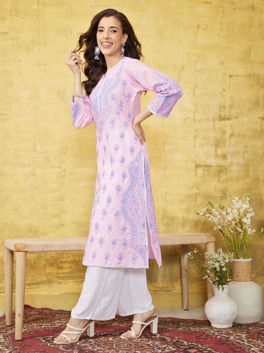 ADA Women Pink & Blue Chikankari Hand Embroidered Semi-Sheer Straight Sustainable Handloom Kurta | Swadesiicart