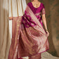 Sangria Burgundy & Gold-Toned Ethnic Motifs Woven Design Zari Silk Blend Banarasi Saree | Swadesiicart