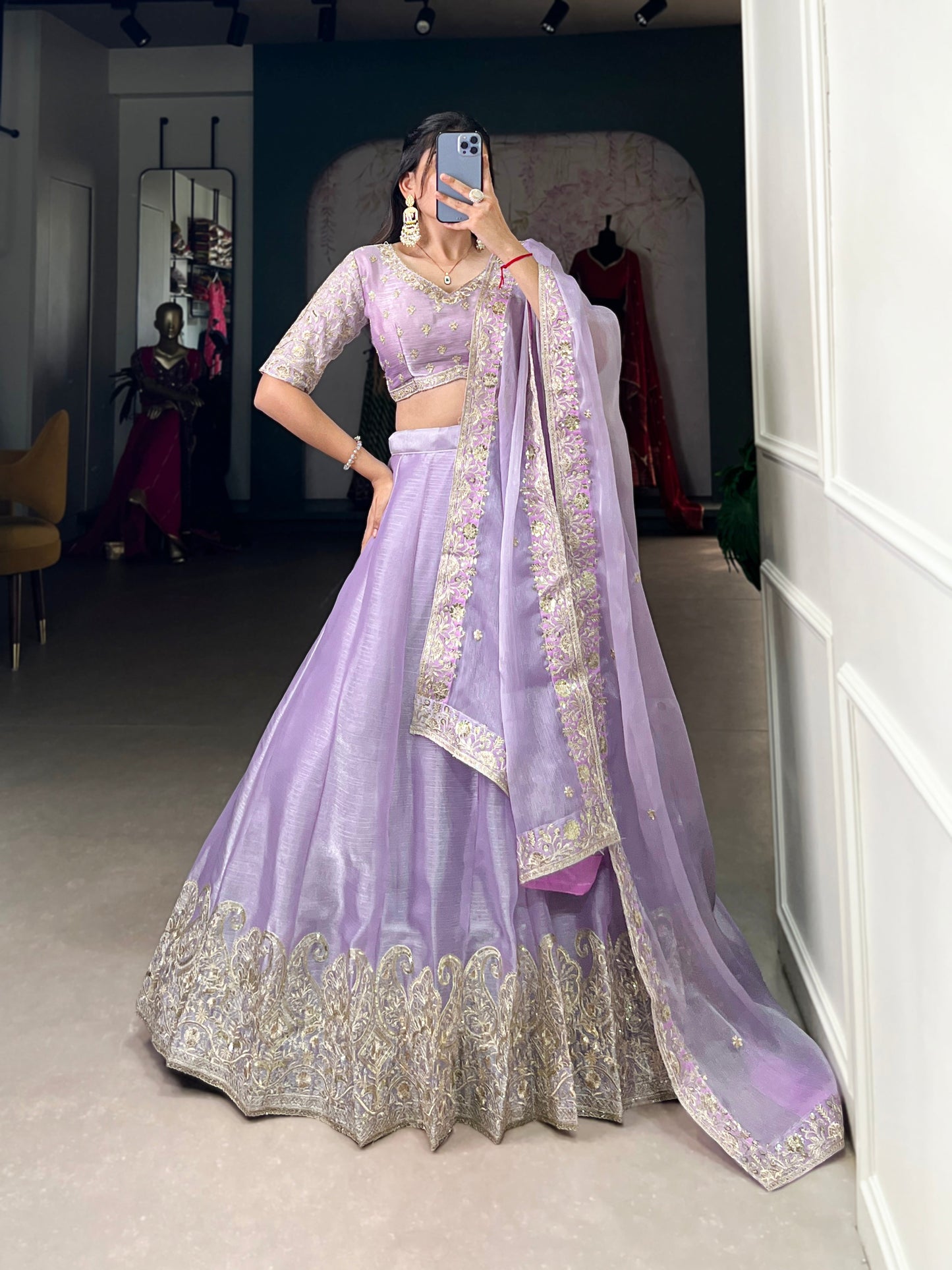 Lorenvalley Lavender Burberry Silk Sequins Embroidery Work Lace Border Lehenga Choli | Swadesiicart