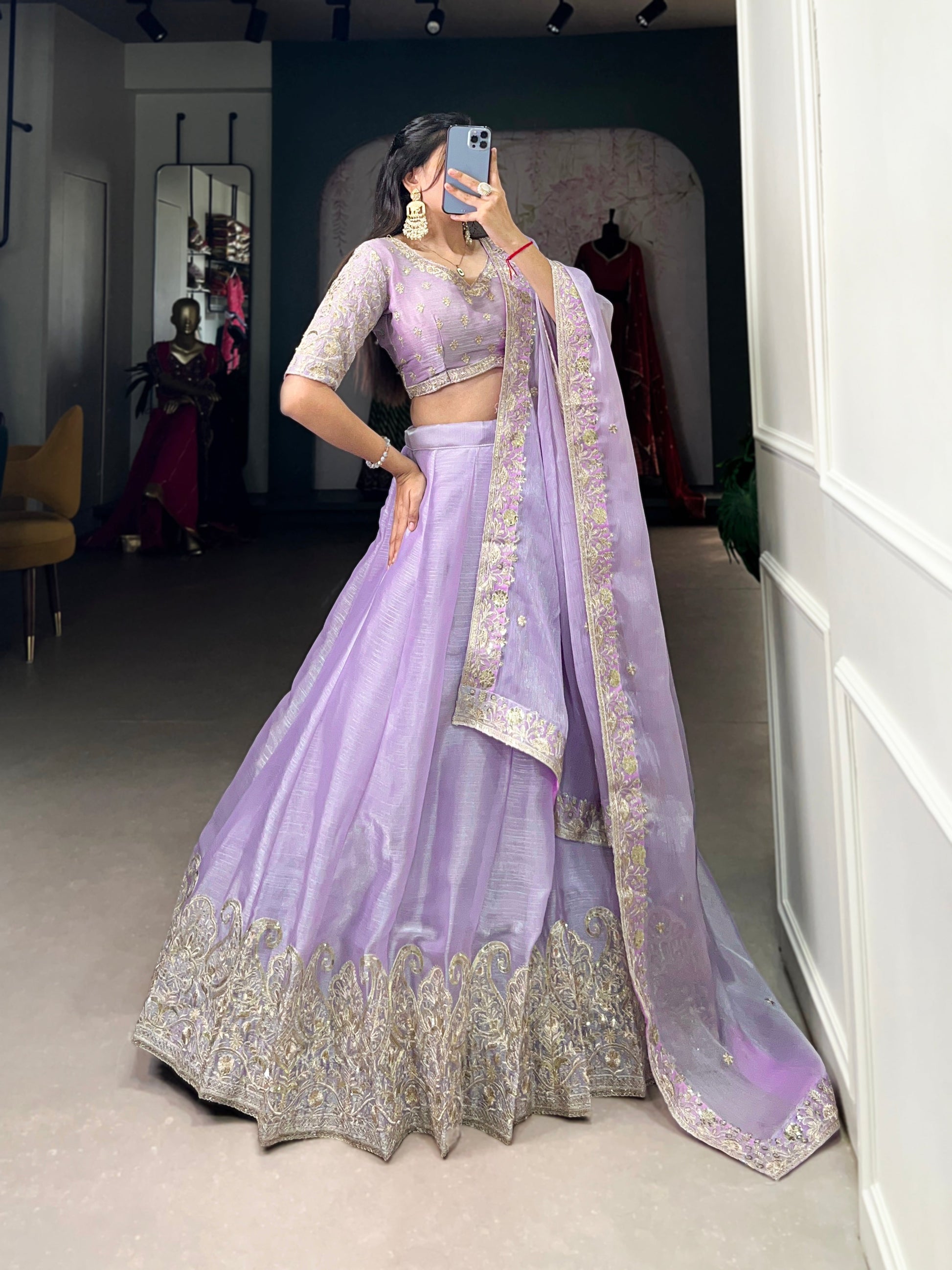 Lorenvalley Lavender Burberry Silk Sequins Embroidery Work Lace Border Lehenga Choli | Swadesiicart
