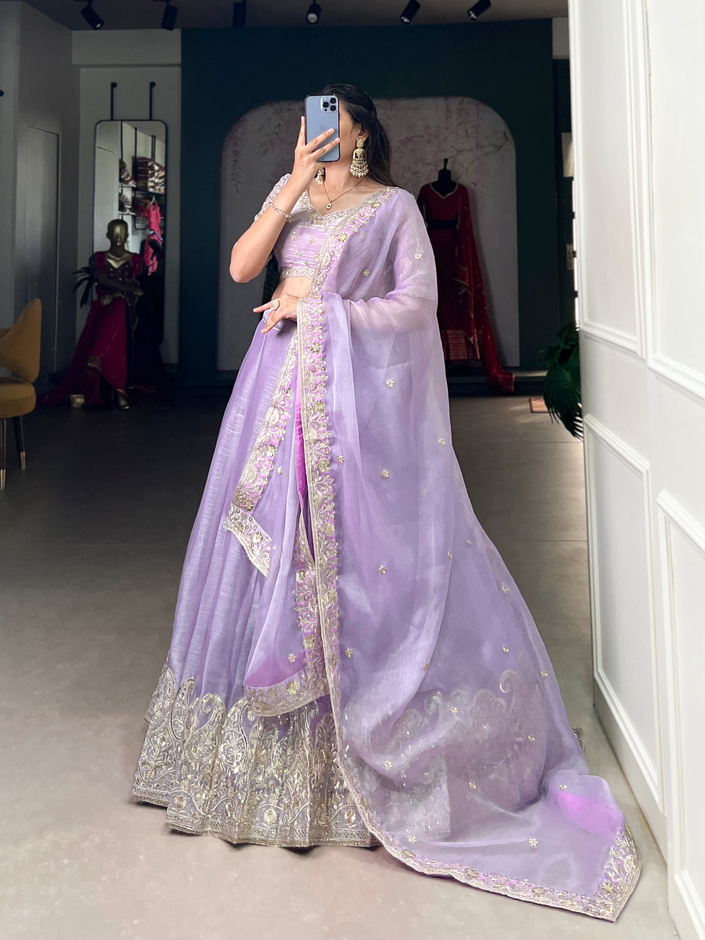 Lorenvalley Lavender Burberry Silk Sequins Embroidery Work Lace Border Lehenga Choli | Swadesiicart