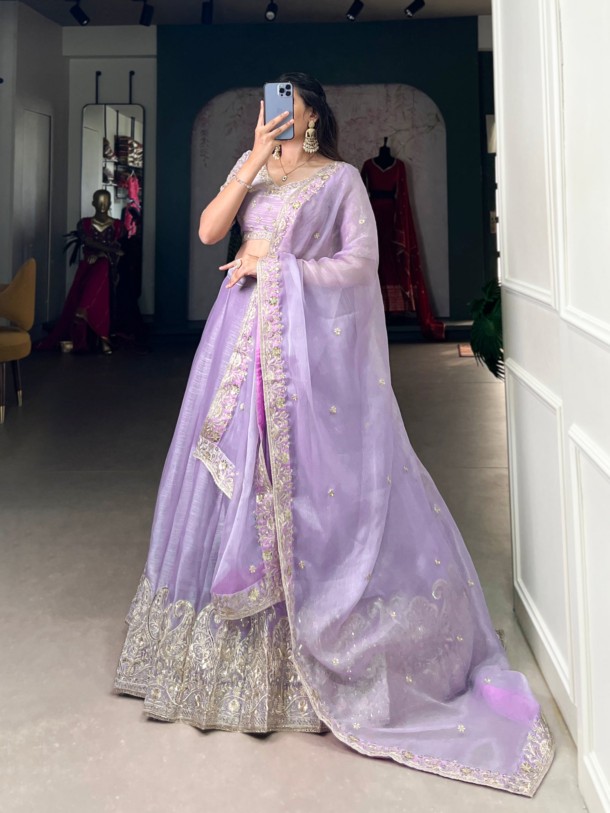 Lorenvalley Lavender Burberry Silk Sequins Embroidery Work Lace Border Lehenga Choli | Swadesiicart