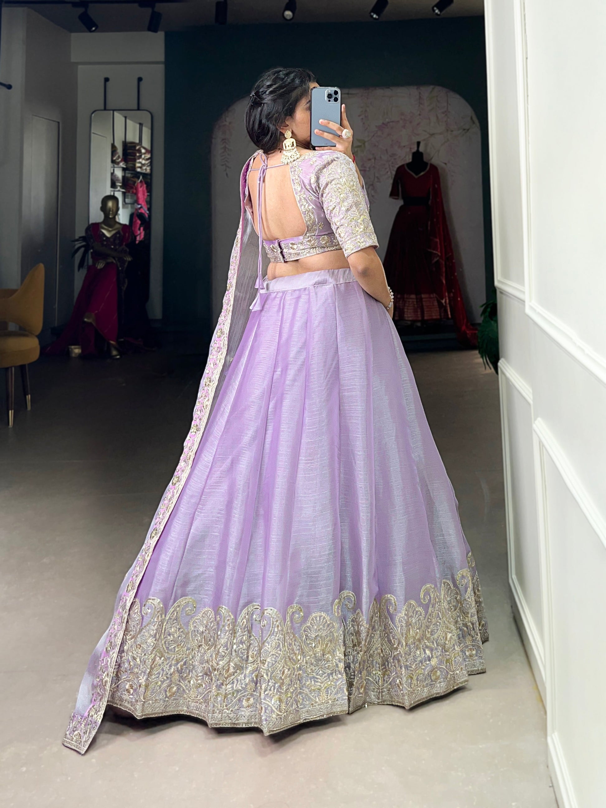Lorenvalley Lavender Burberry Silk Sequins Embroidery Work Lace Border Lehenga Choli | Swadesiicart