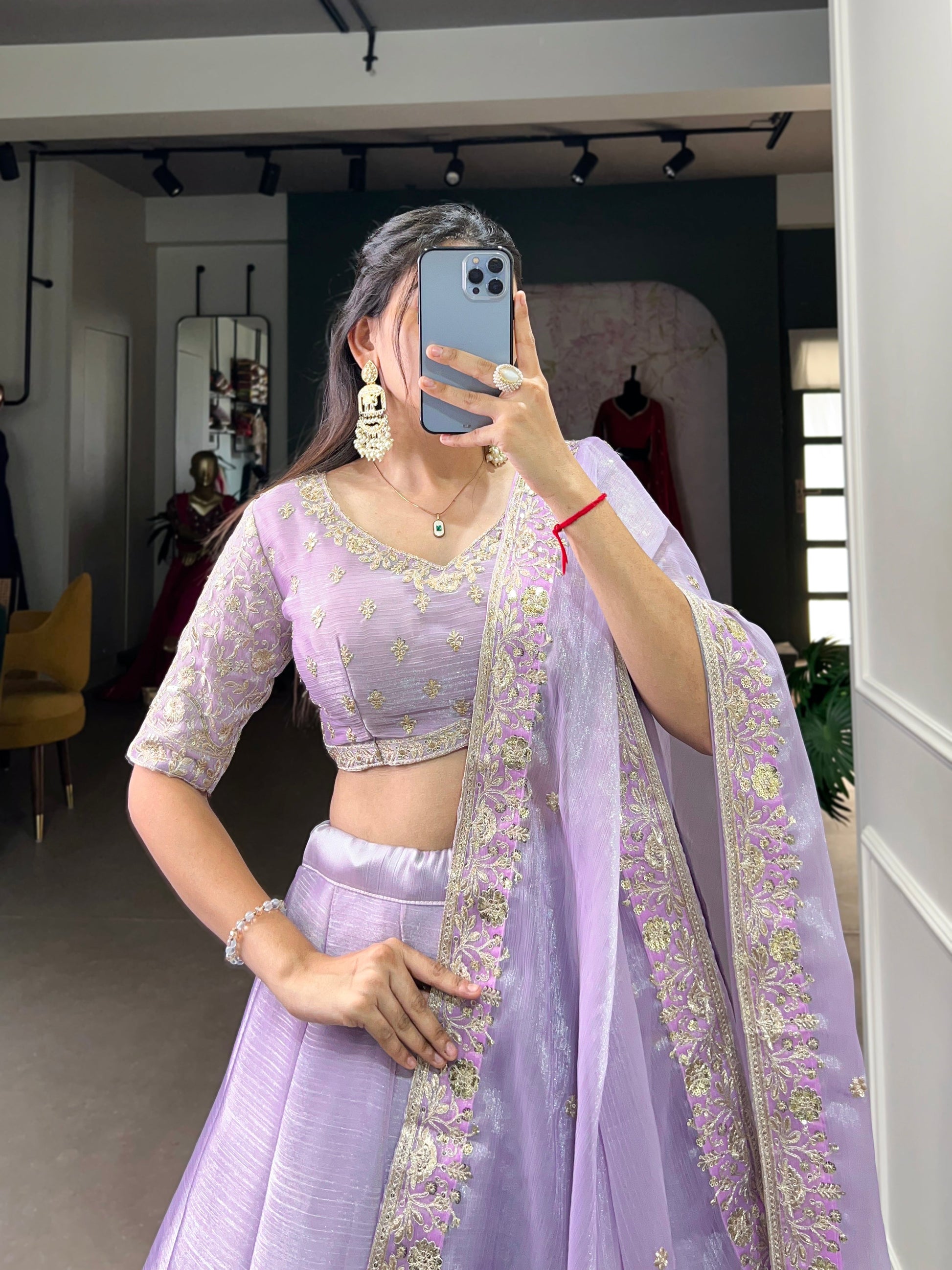 Lorenvalley Lavender Burberry Silk Sequins Embroidery Work Lace Border Lehenga Choli | Swadesiicart