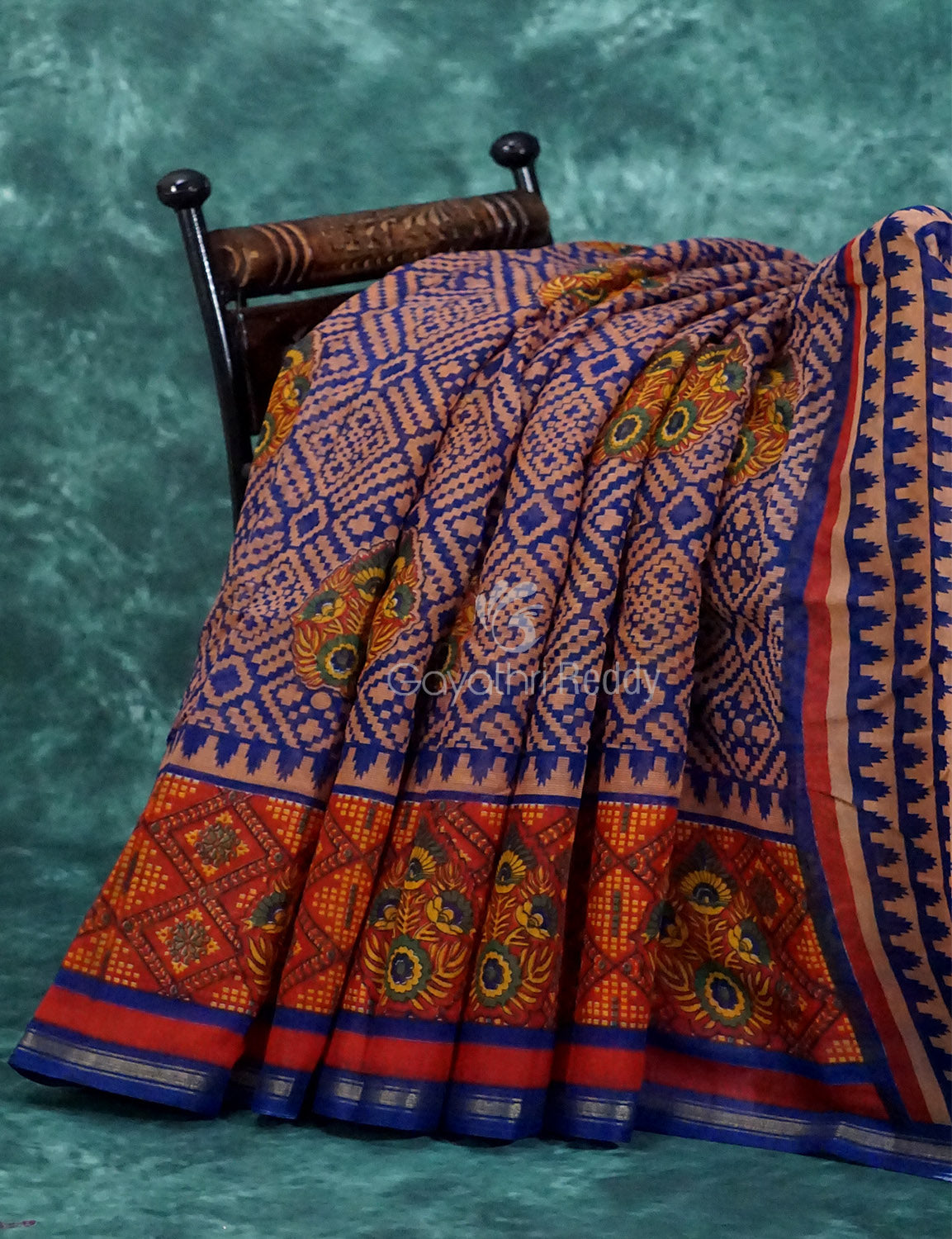 Light Orange And Ink Blue Colour Printed Semi Chanderi Saree By Gayathri Reddy Designer Studio | Swadesiicart