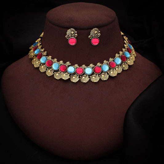 Tehzeeb Creations Sky Blue & Pink Colour Gold-Polished Stone Jewellery Choker Necklace Set With Matching Pair of Stud Earrings - Swadesiicart