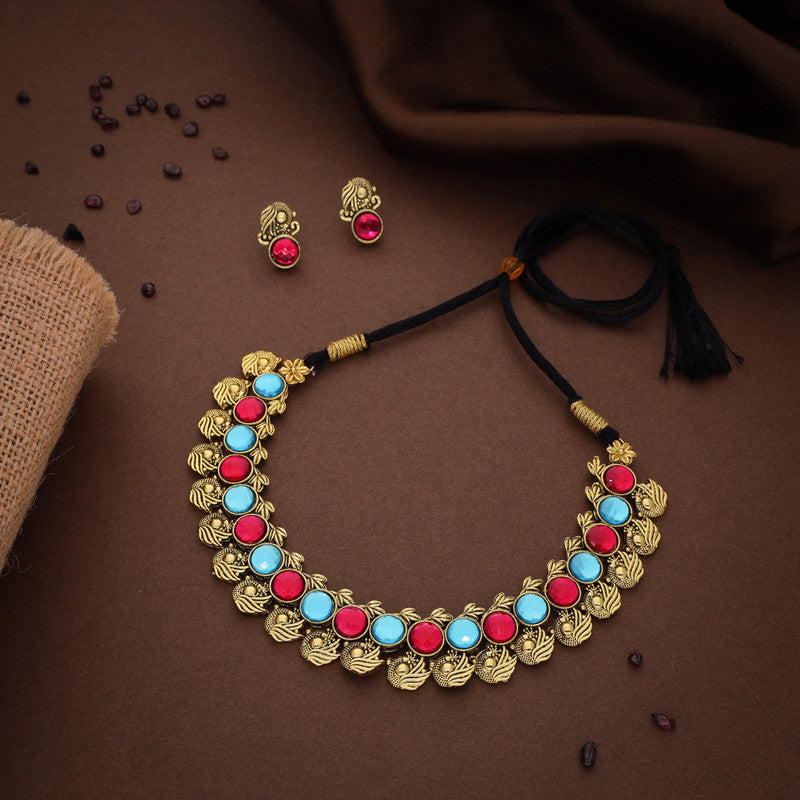 Tehzeeb Creations Sky Blue & Pink Colour Gold-Polished Stone Jewellery Choker Necklace Set With Matching Pair of Stud Earrings - Swadesiicart