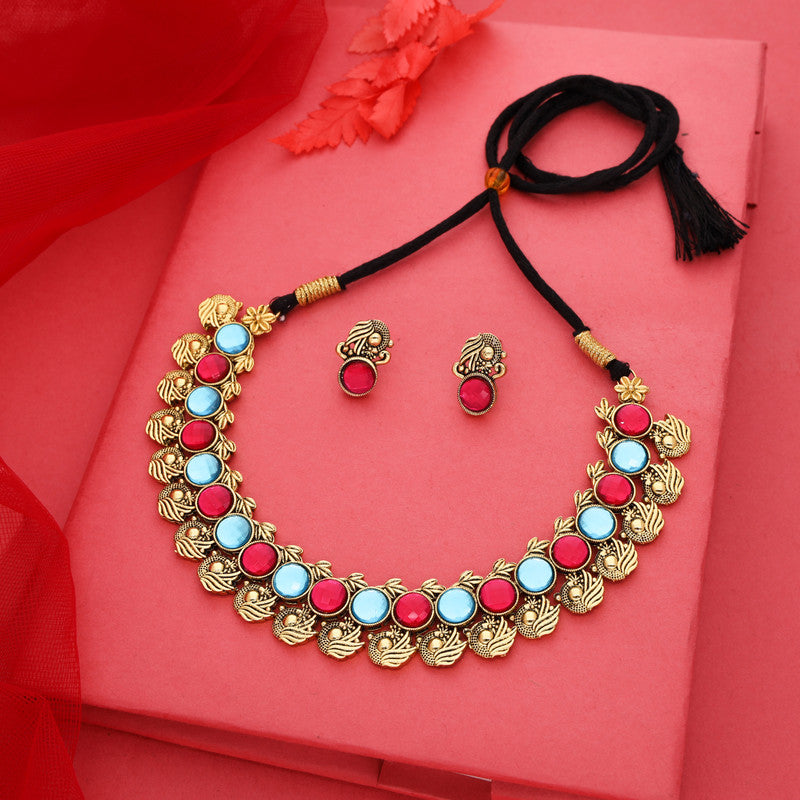 Tehzeeb Creations Sky Blue & Pink Colour Gold-Polished Stone Jewellery Choker Necklace Set With Matching Pair of Stud Earrings - Swadesiicart