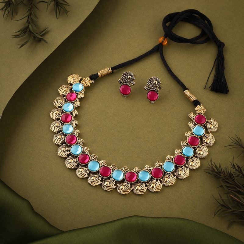 Tehzeeb Creations Sky Blue & Pink Colour Gold-Polished Stone Jewellery Choker Necklace Set With Matching Pair of Stud Earrings - Swadesiicart
