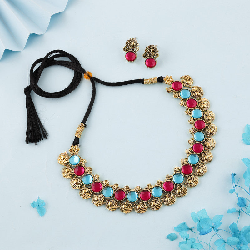 Tehzeeb Creations Sky Blue & Pink Colour Gold-Polished Stone Jewellery Choker Necklace Set With Matching Pair of Stud Earrings - Swadesiicart