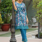 Vaasva Women Cyan Embroidered Printed Kurta Set With Laced Solid Pants | Swadesiicart