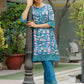 Vaasva Women Cyan Embroidered Printed Kurta Set With Laced Solid Pants | Swadesiicart