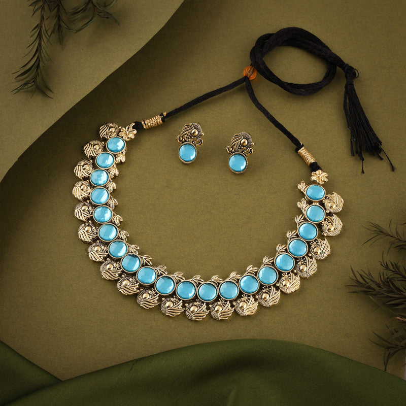Tehzeeb Creations Sky Blue Colour Gold-Polished Stone Jewellery Choker Necklace Set With Matching Pair of Stud Earrings - Swadesiicart