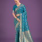 Monjolika Fashion Stunning Cyan blue Banarasi Satin Silk Golden Meenakari Work Saree | Swadesiicart