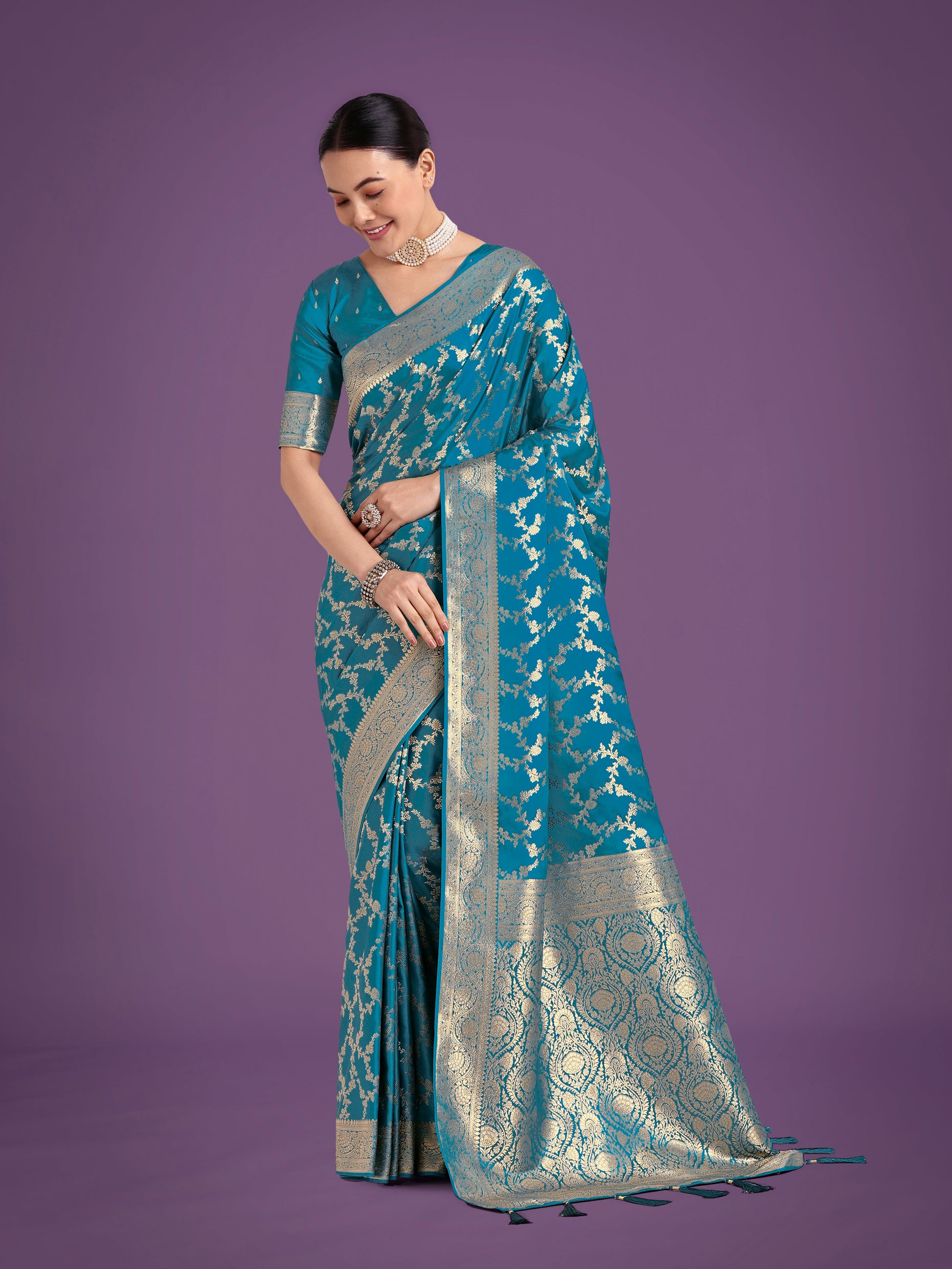 Monjolika Fashion Stunning Cyan blue Banarasi Satin Silk Golden Meenakari Work Saree | Swadesiicart