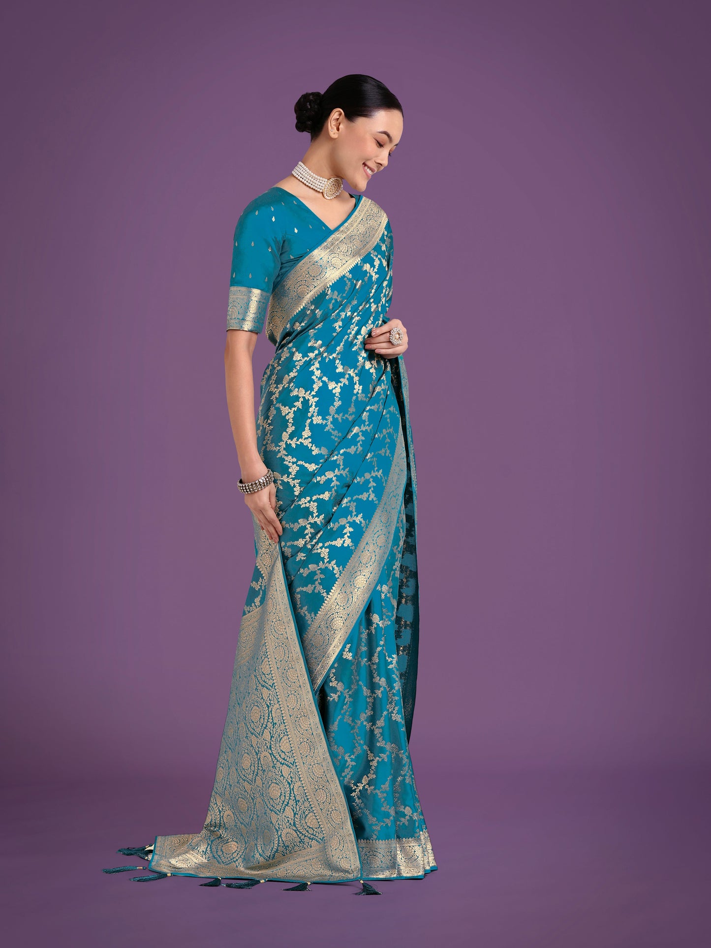 Monjolika Fashion Stunning Cyan blue Banarasi Satin Silk Golden Meenakari Work Saree | Swadesiicart