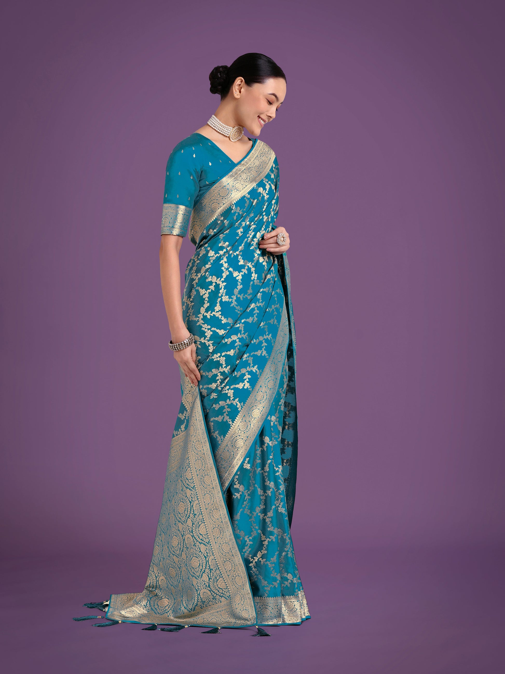 Monjolika Fashion Stunning Cyan blue Banarasi Satin Silk Golden Meenakari Work Saree | Swadesiicart