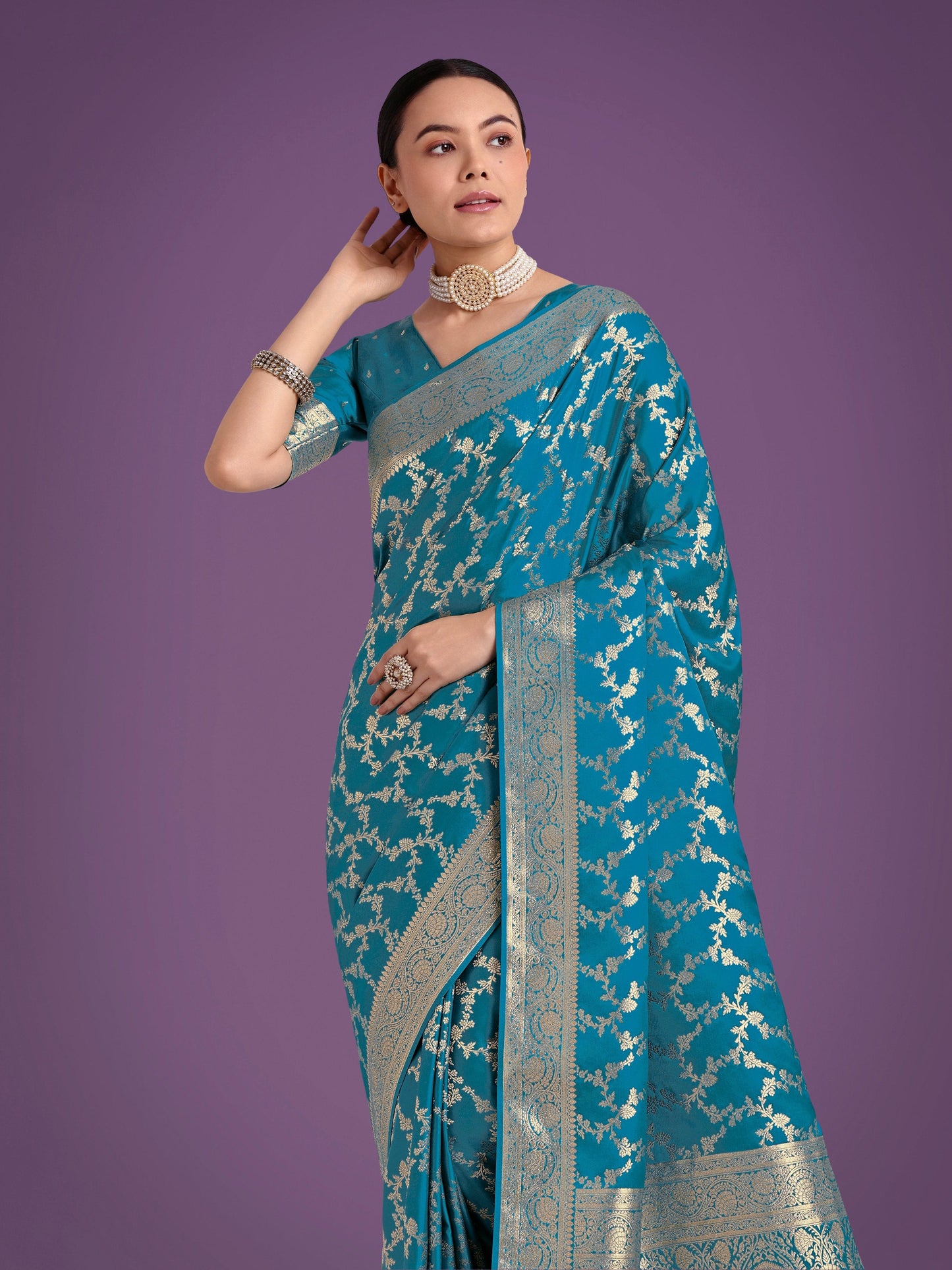 Monjolika Fashion Stunning Cyan blue Banarasi Satin Silk Golden Meenakari Work Saree | Swadesiicart