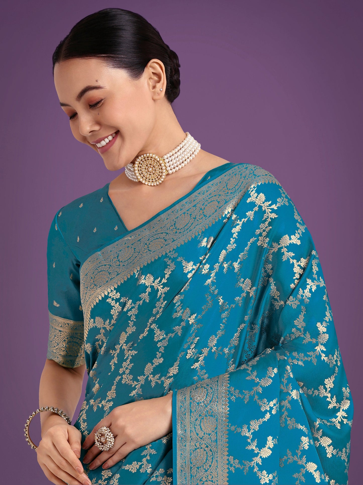 Monjolika Fashion Stunning Cyan blue Banarasi Satin Silk Golden Meenakari Work Saree | Swadesiicart