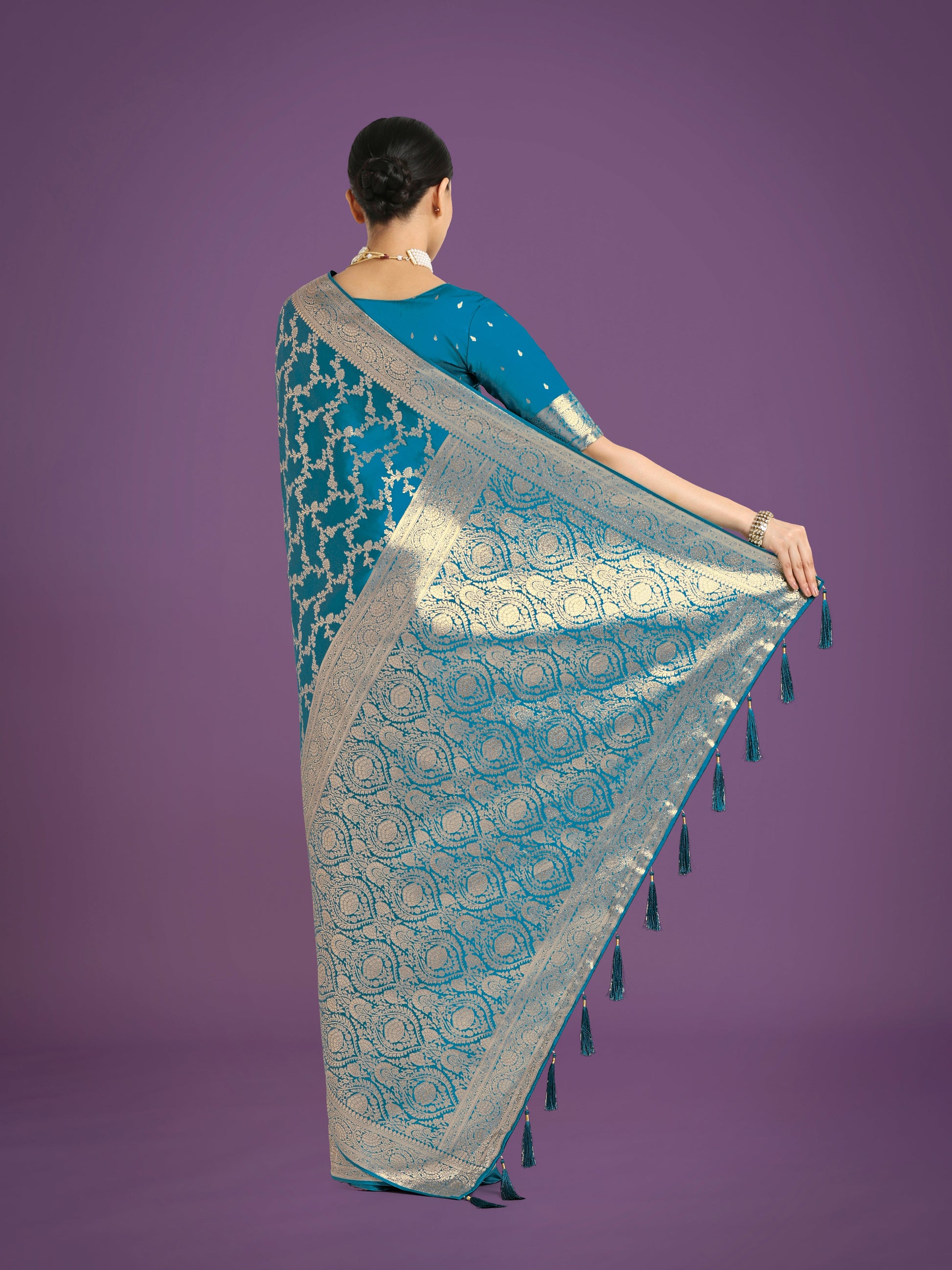 Monjolika Fashion Stunning Cyan blue Banarasi Satin Silk Golden Meenakari Work Saree | Swadesiicart